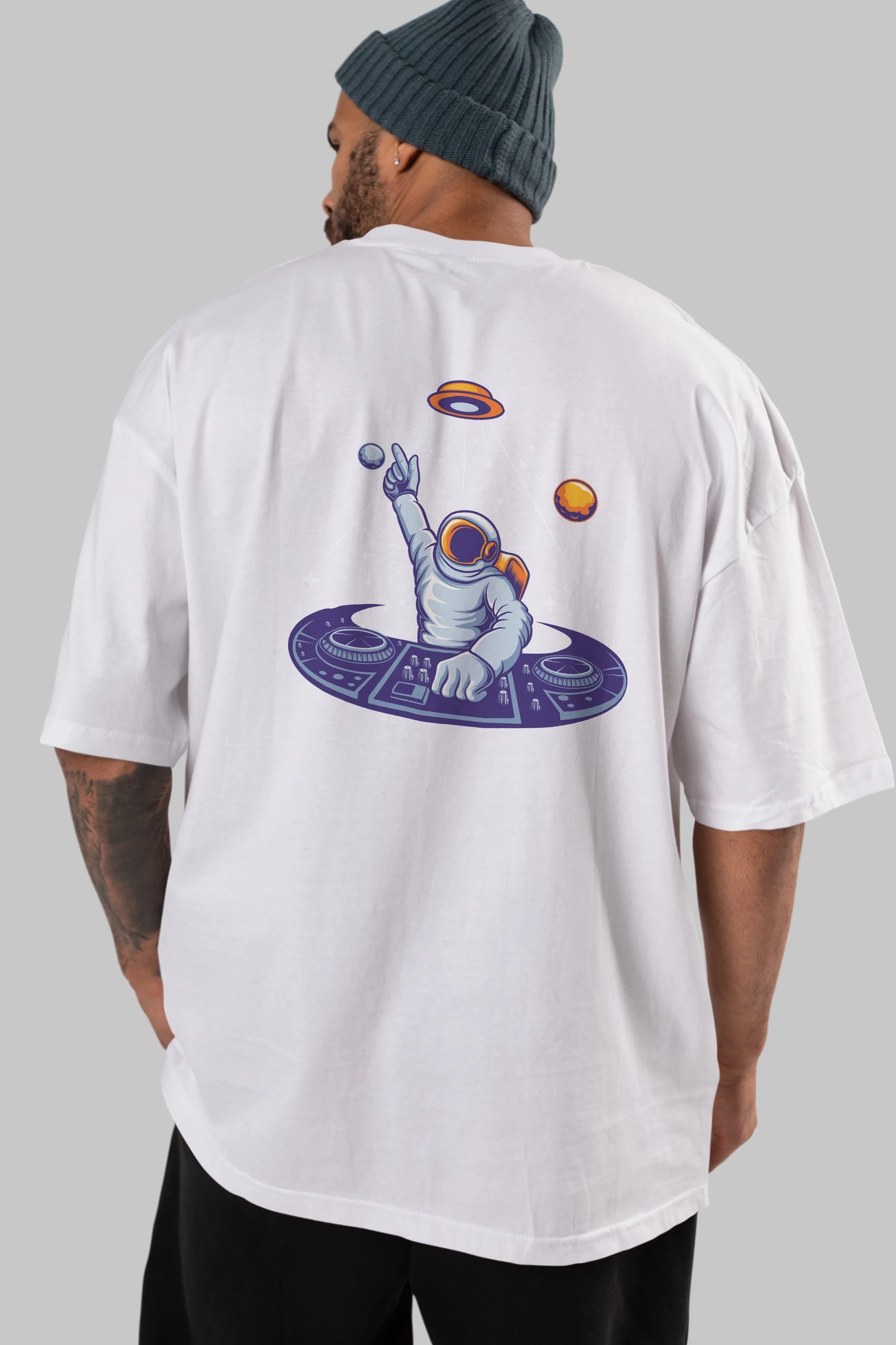 Astronaut Disk Jockey Party Arka Baskılı Oversize t-shirt Erkek Kadın Unisex