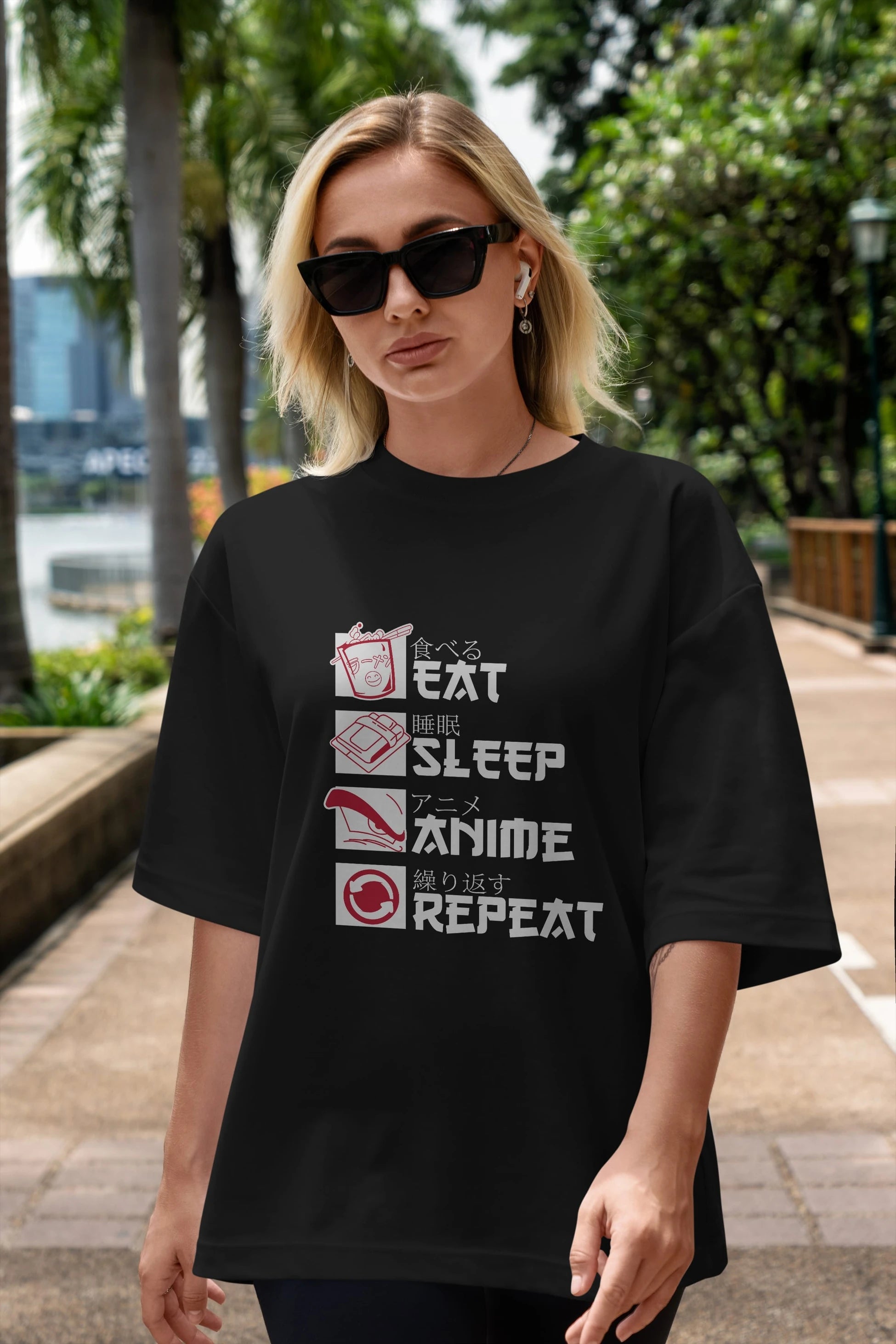 Eat, Sleep, Anime, Repeat Anime Ön Baskılı Oversize t-shirt %100 pamuk Erkek Kadın Unisex