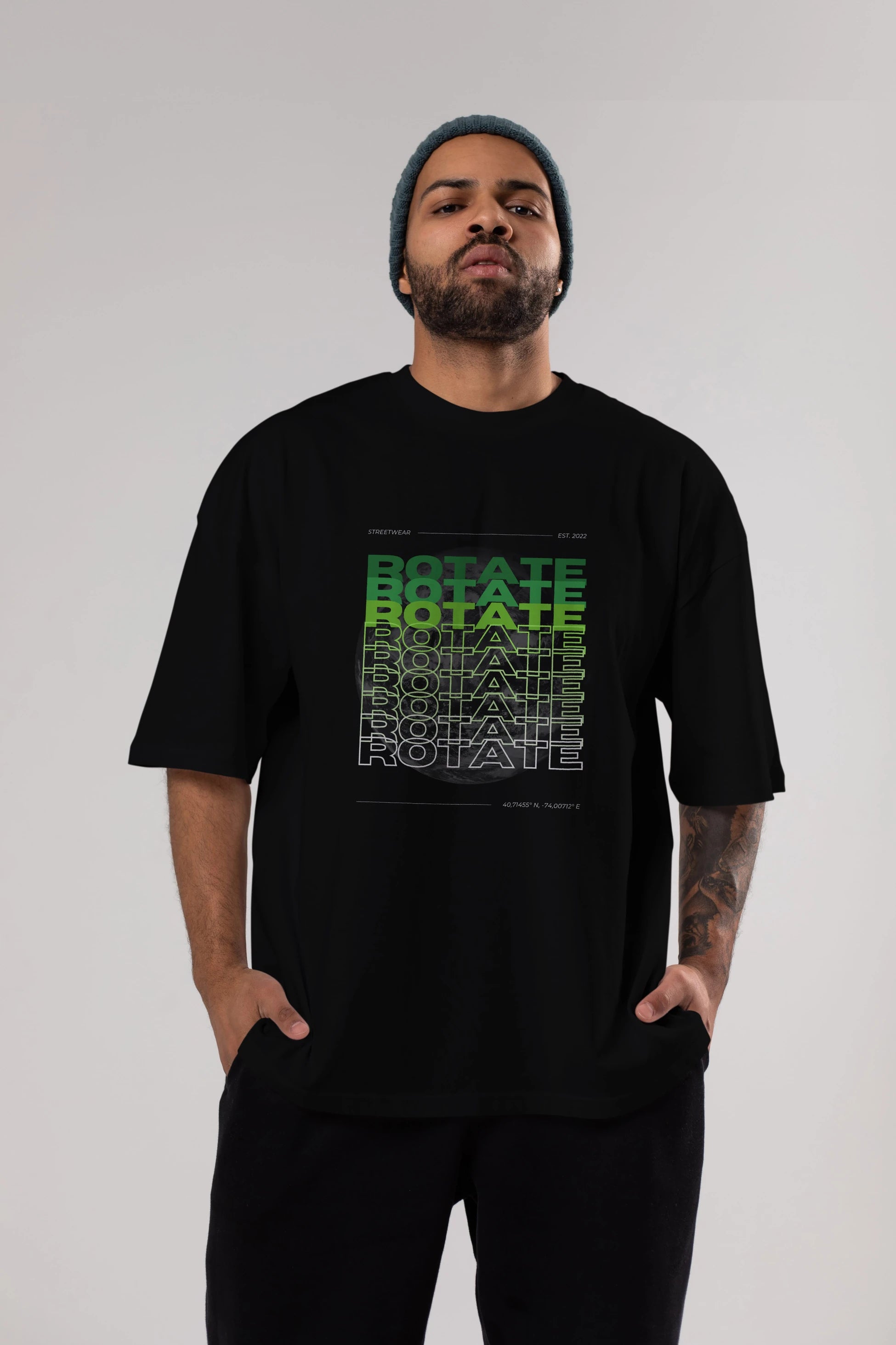 Rotate Yazılı Ön Baskılı Oversize t-shirt Erkek Kadın Unisex