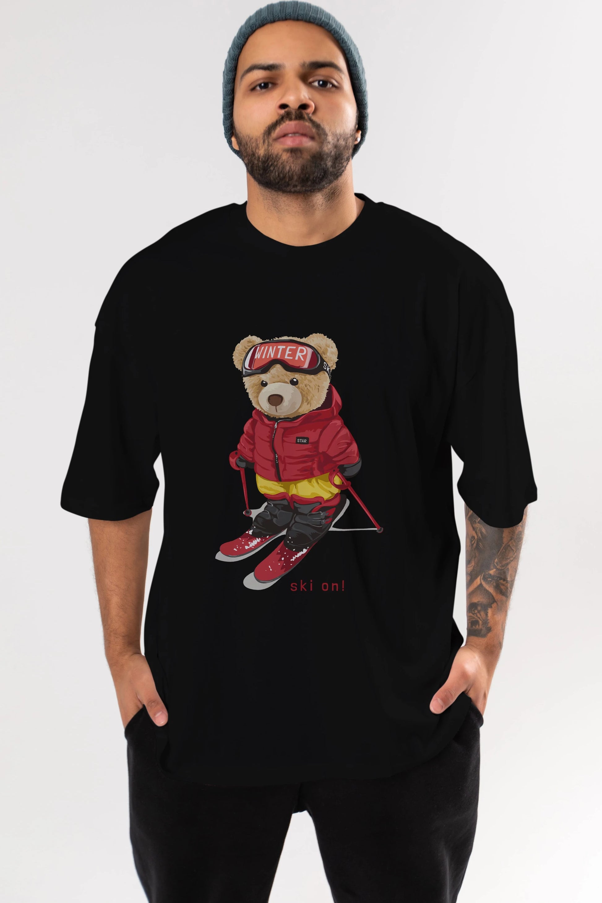 Teddy Bear Ski On Ön Baskılı Oversize t-shirt Erkek Kadın Unisex %100 Pamuk