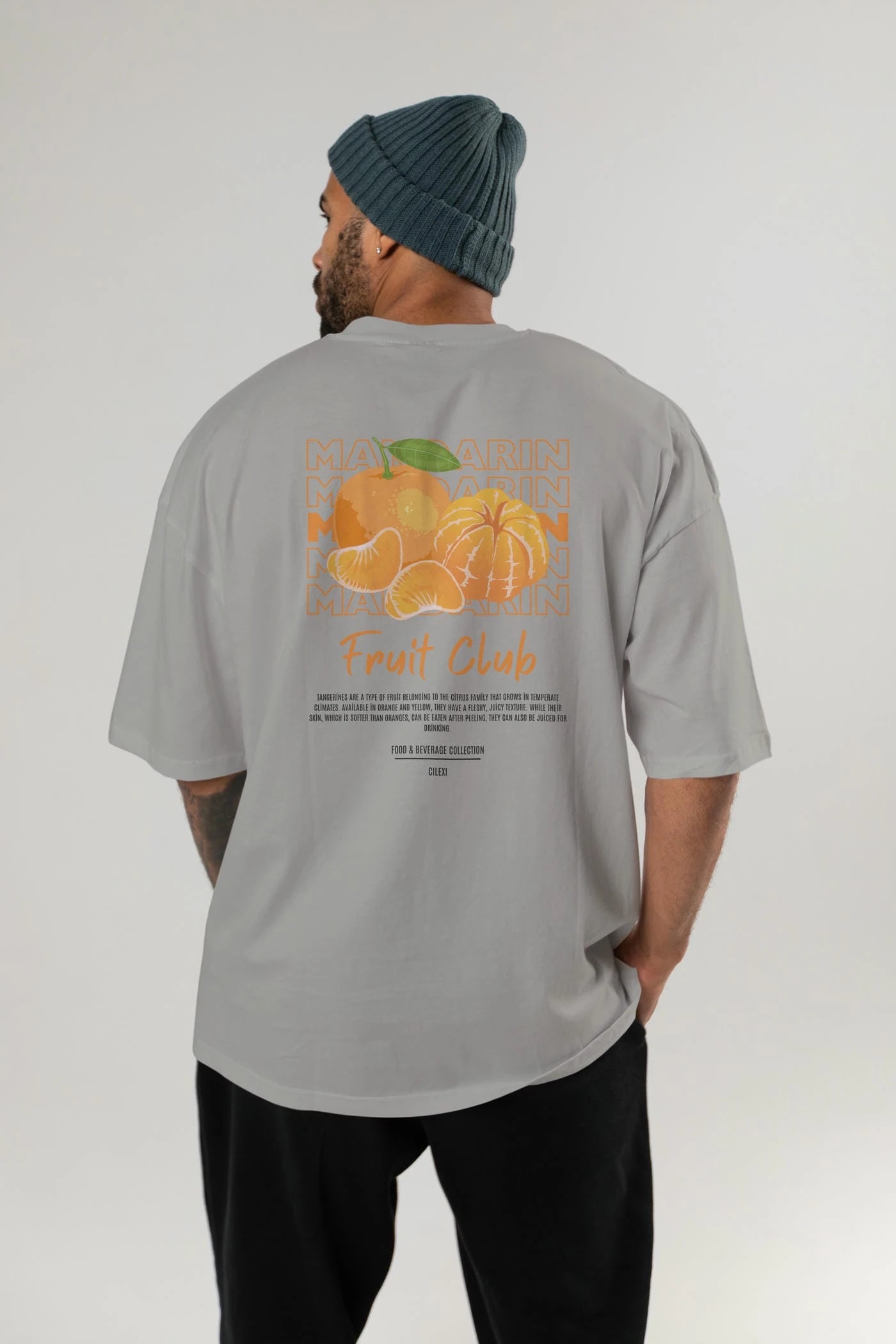 Mandarin Arka Baskılı Oversize t-shirt Erkek Kadın Pamuk Bisiklet Yaka tişort