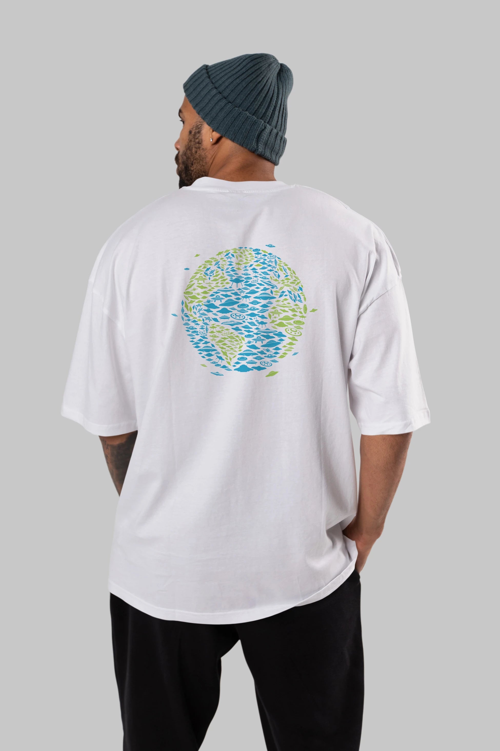 UFO Invasion Arka Baskılı Oversize t-shirt %100 pamuk Erkek Kadın Unisex