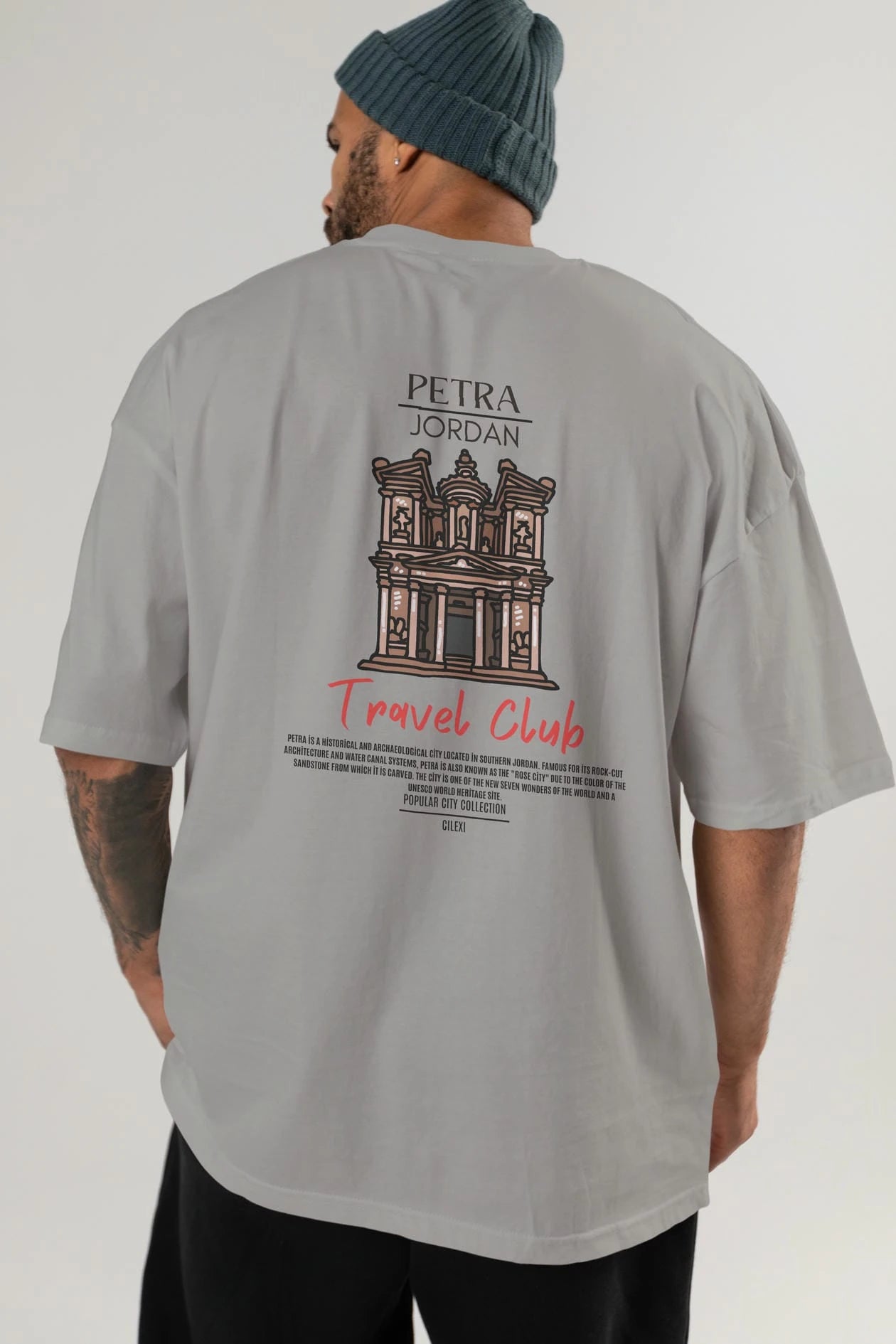 Petra Jordan Arka Baskılı Oversize t-shirt Erkek Kadın Pamuk Bisiklet Yaka tişort