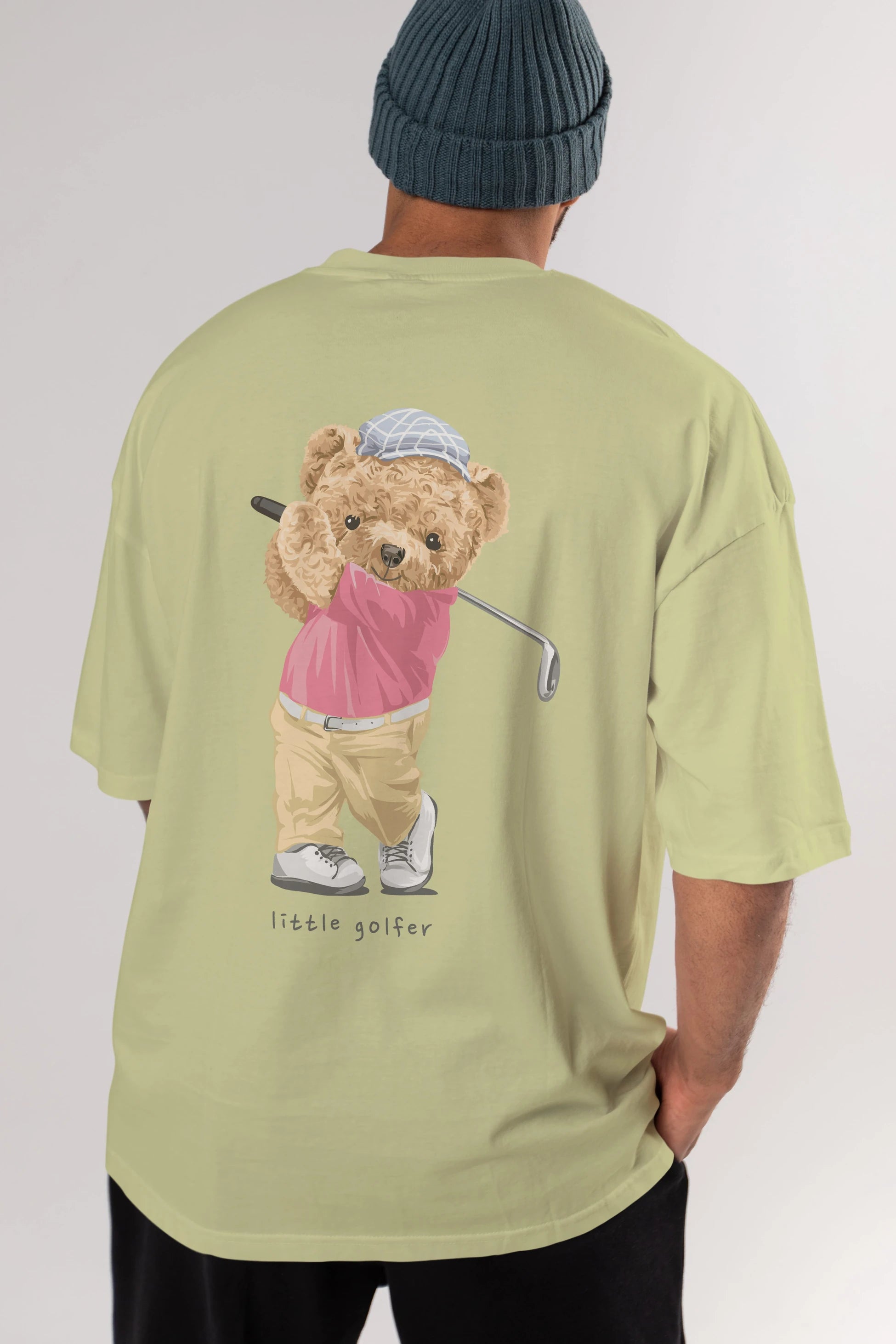 Teddy Bear Little Golfer Arka Baskılı Oversize t-shirt Erkek Kadın Unisex %100 Pamuk