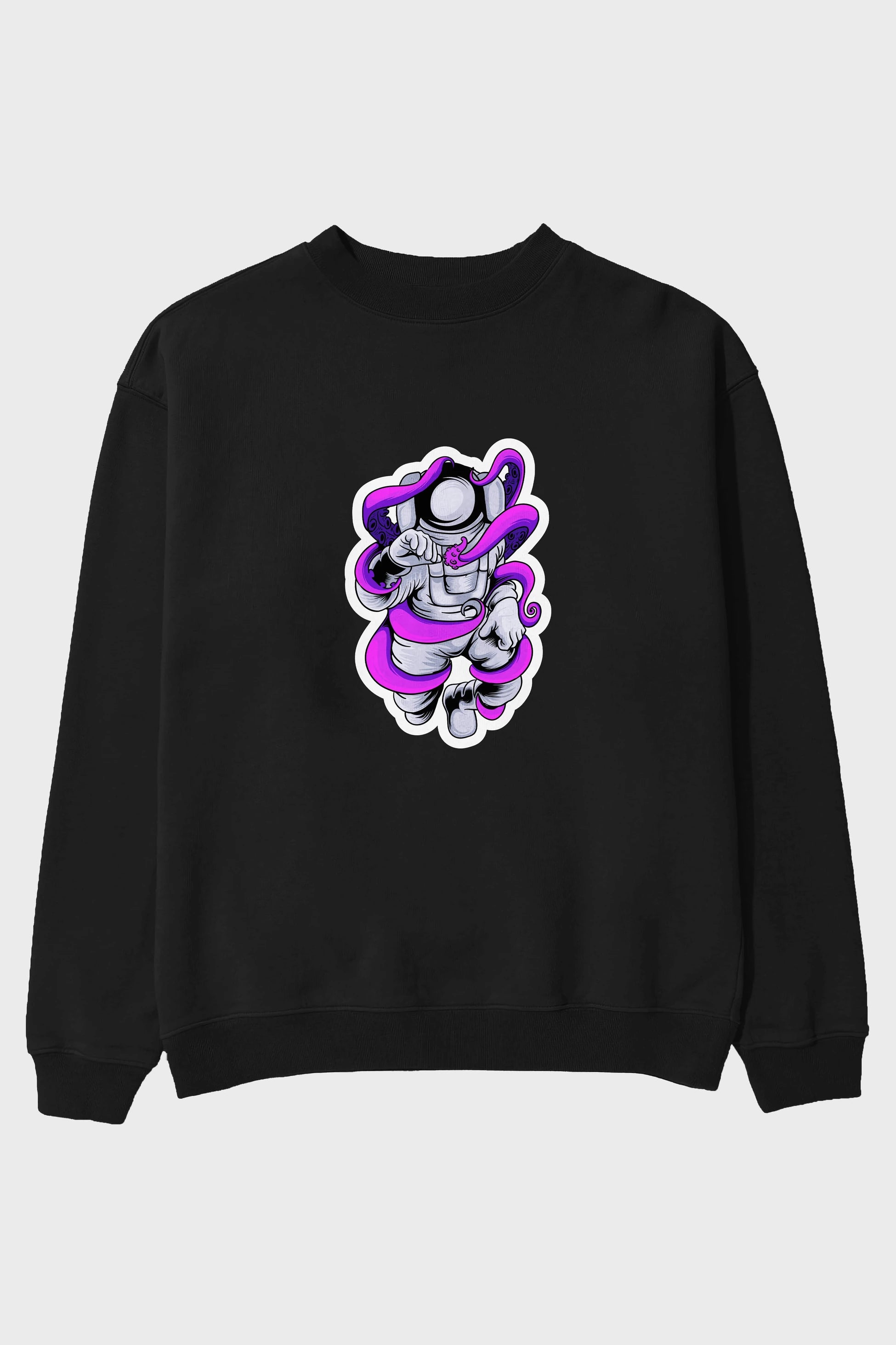 Astronaut fighting octopus sticker Ön Baskılı Oversize Sweatshirt Erkek Kadın Unisex