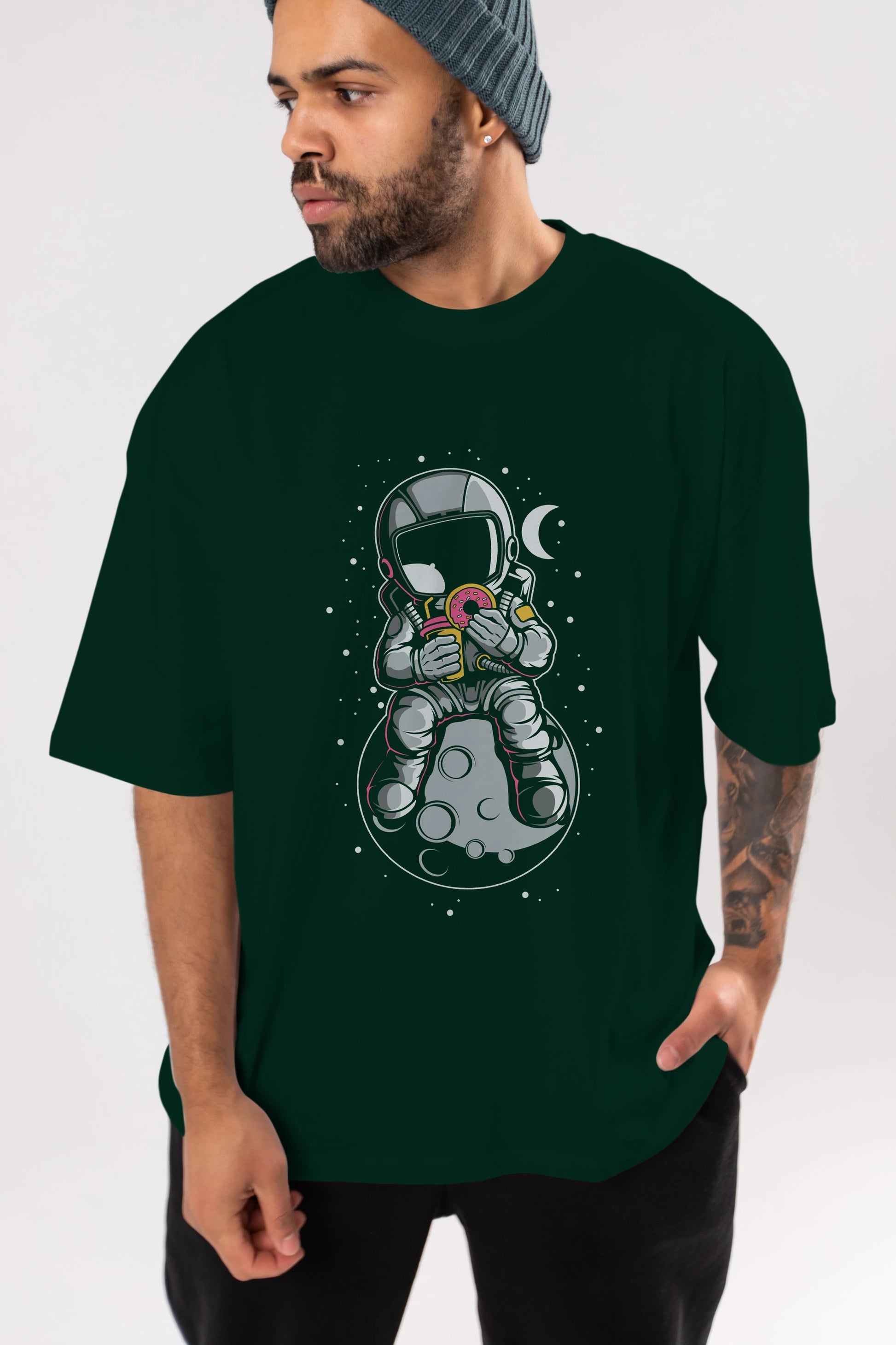 Astronaut Donuts Ön Baskılı Oversize t-shirt Erkek Kadın Unisex