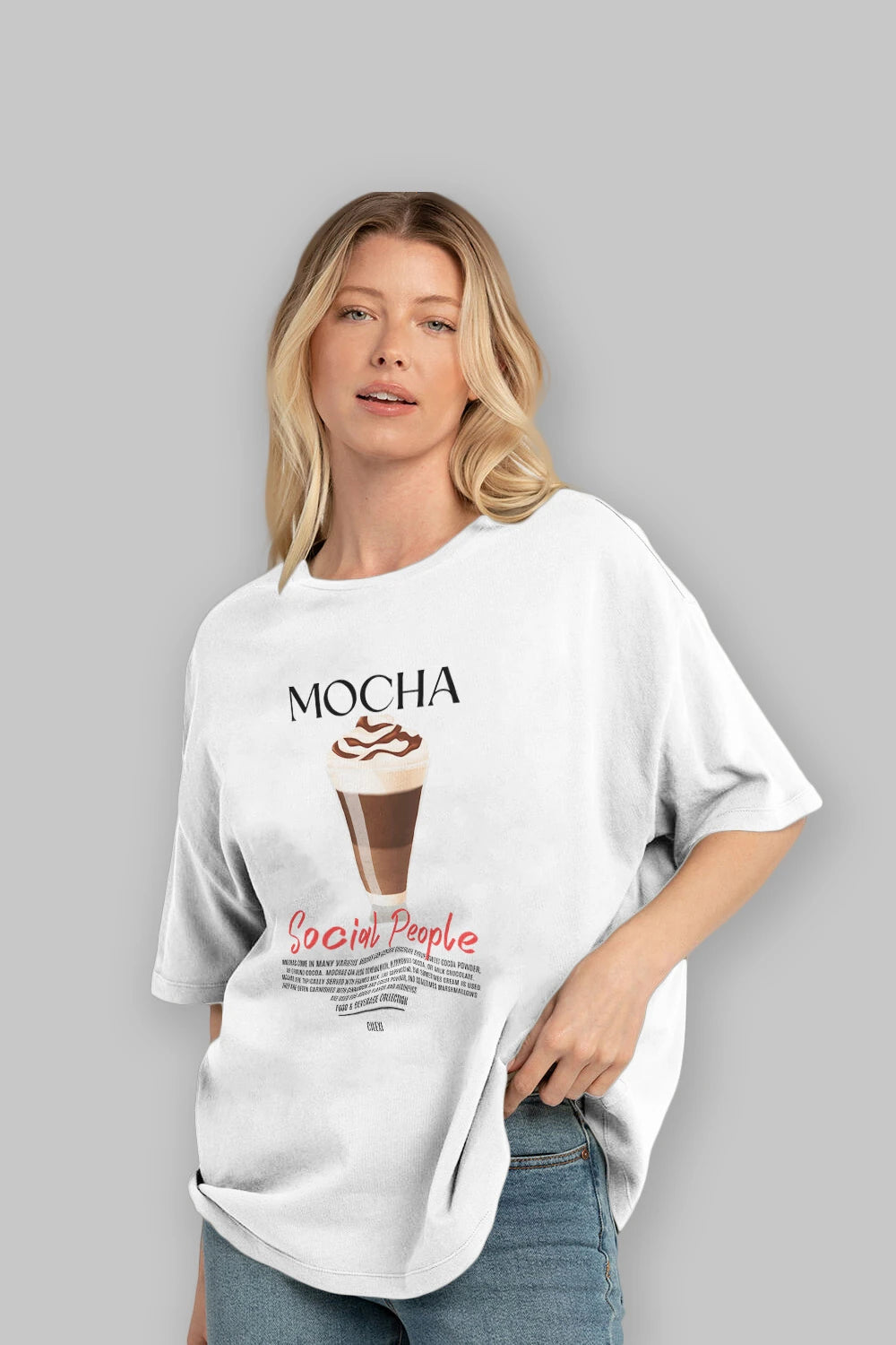 Mocha Kokteyl Serisi ön Baskılı Oversize t-shirt Erkek Kadın %100 Pamuk Bisiklet Yaka tişort