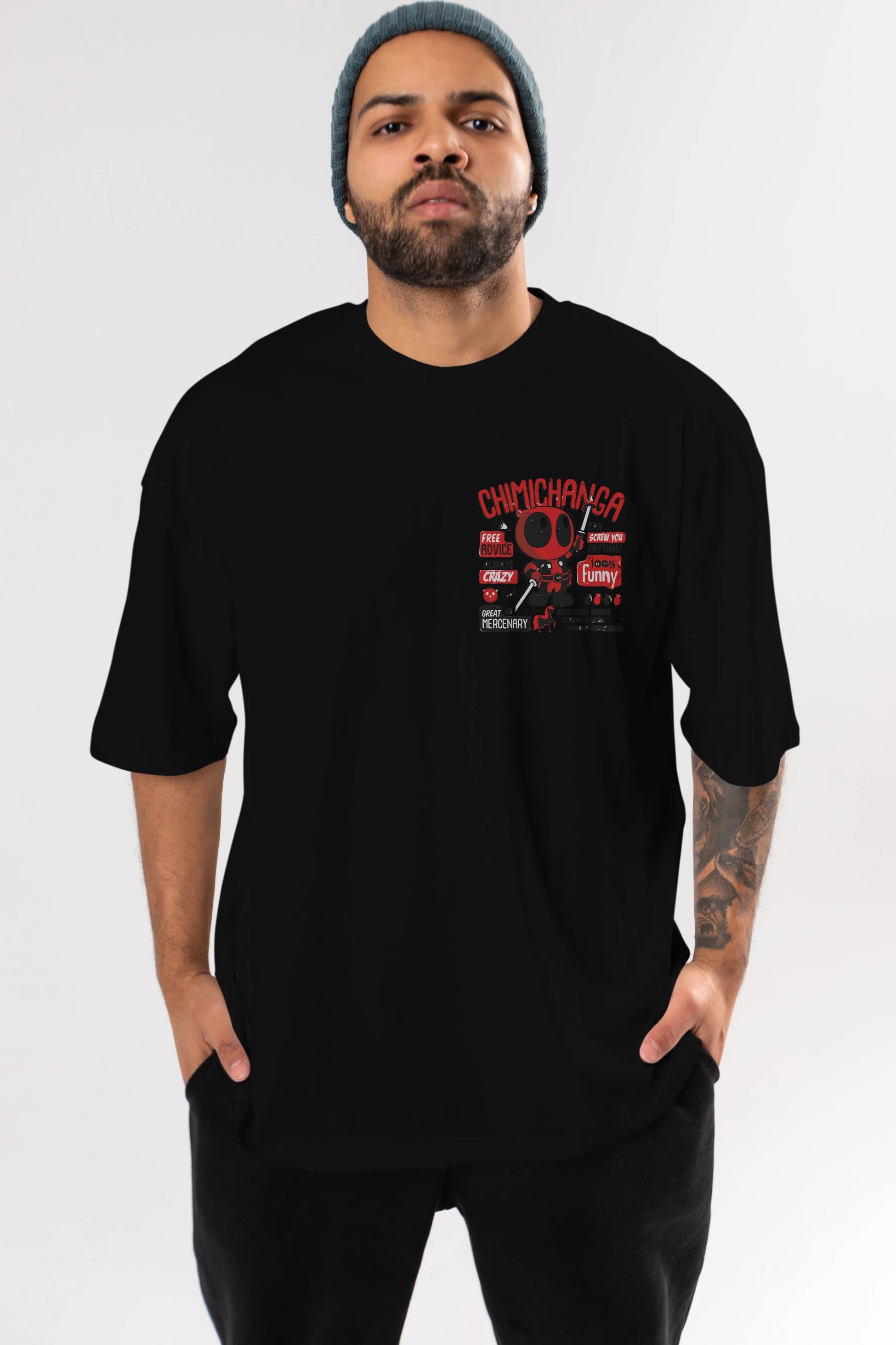 Deadpool (9) Ön Sol Baskılı Oversize t-shirt Erkek Kadın Unisex %100 Pamuk Bisiklet Yaka tişort