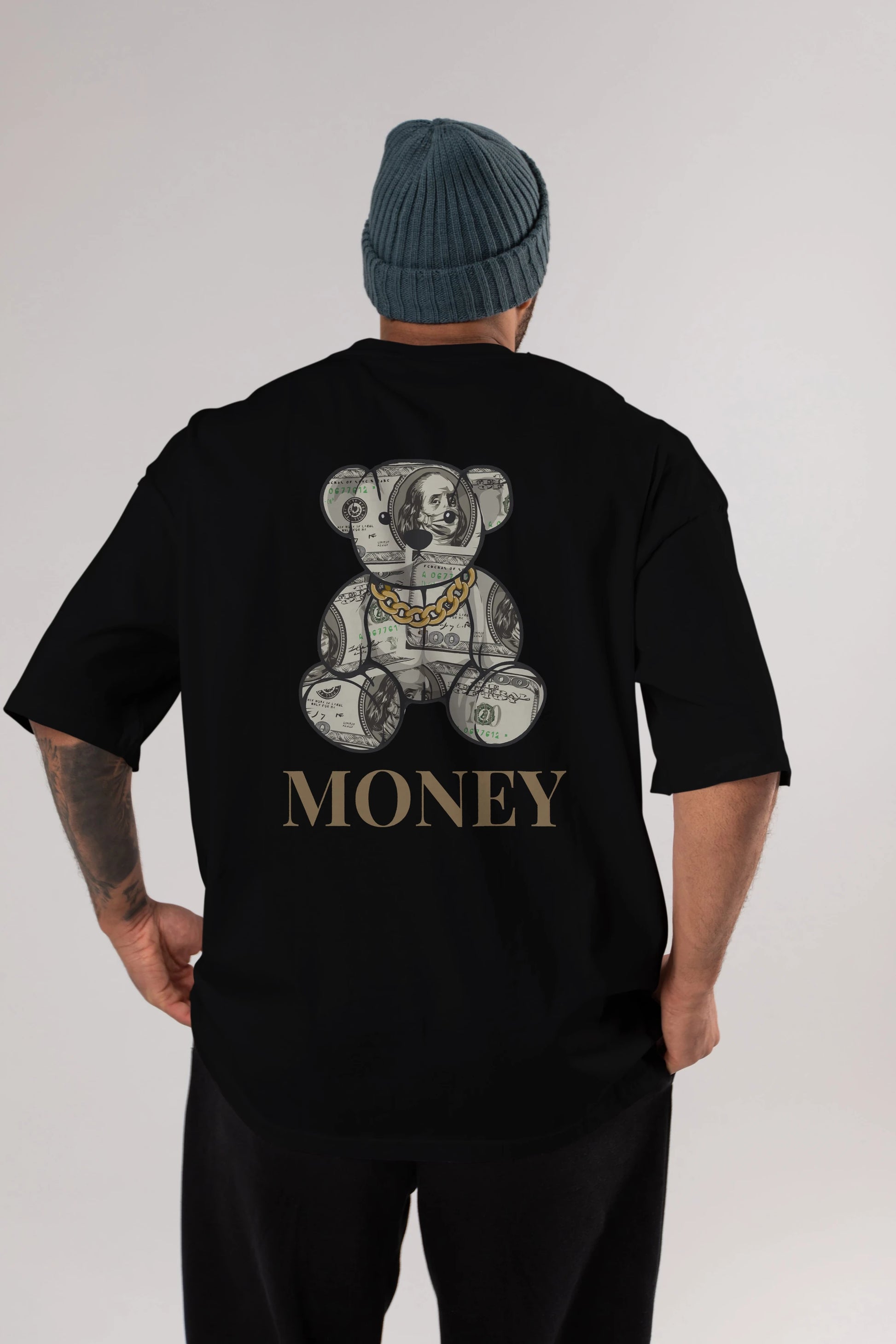 Teddy Bear Money Arka Baskılı Oversize t-shirt Erkek Kadın Unisex