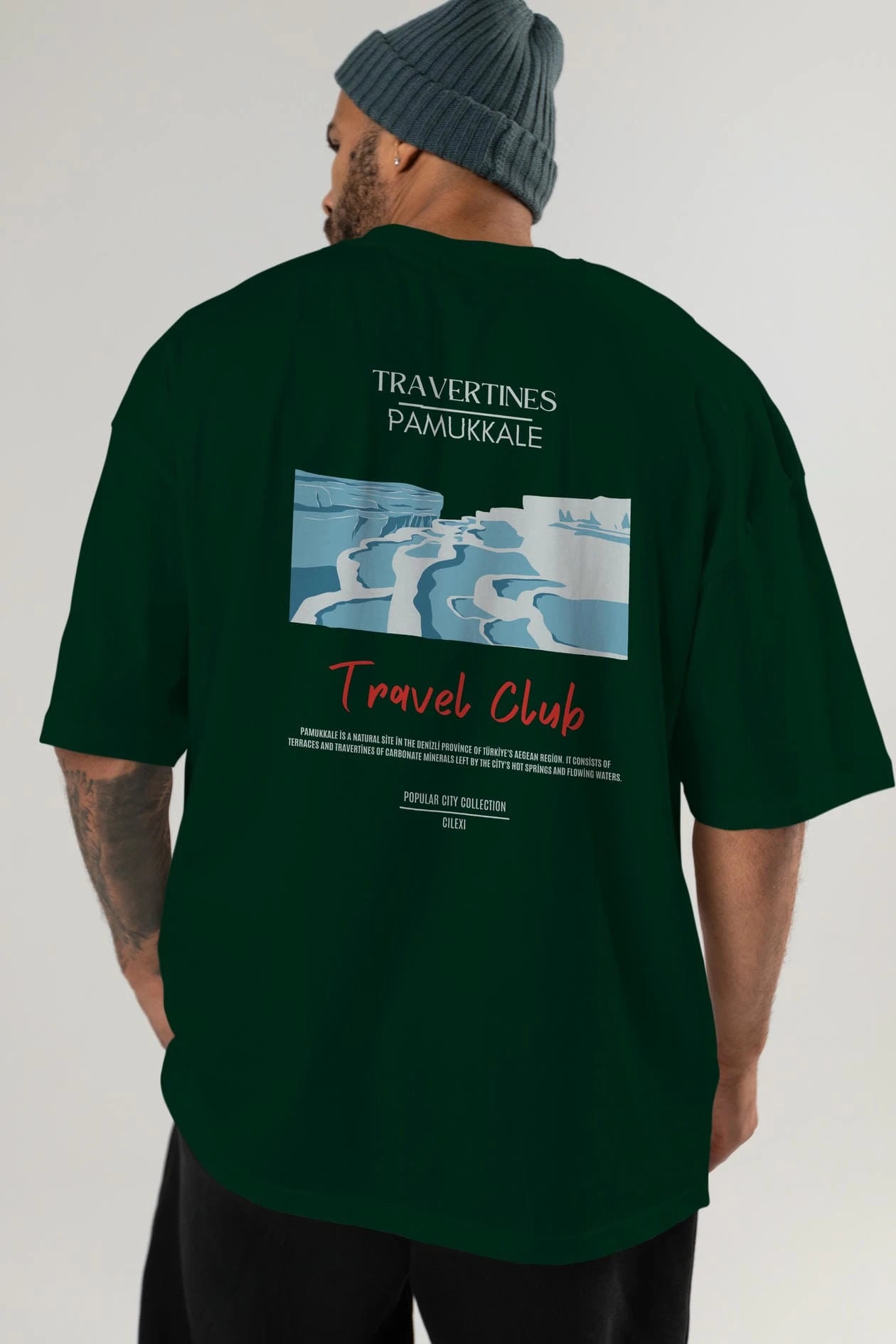 Travertines Pamukkale Arka Baskılı Oversize t-shirt Erkek Kadın Pamuk Bisiklet Yaka tişort