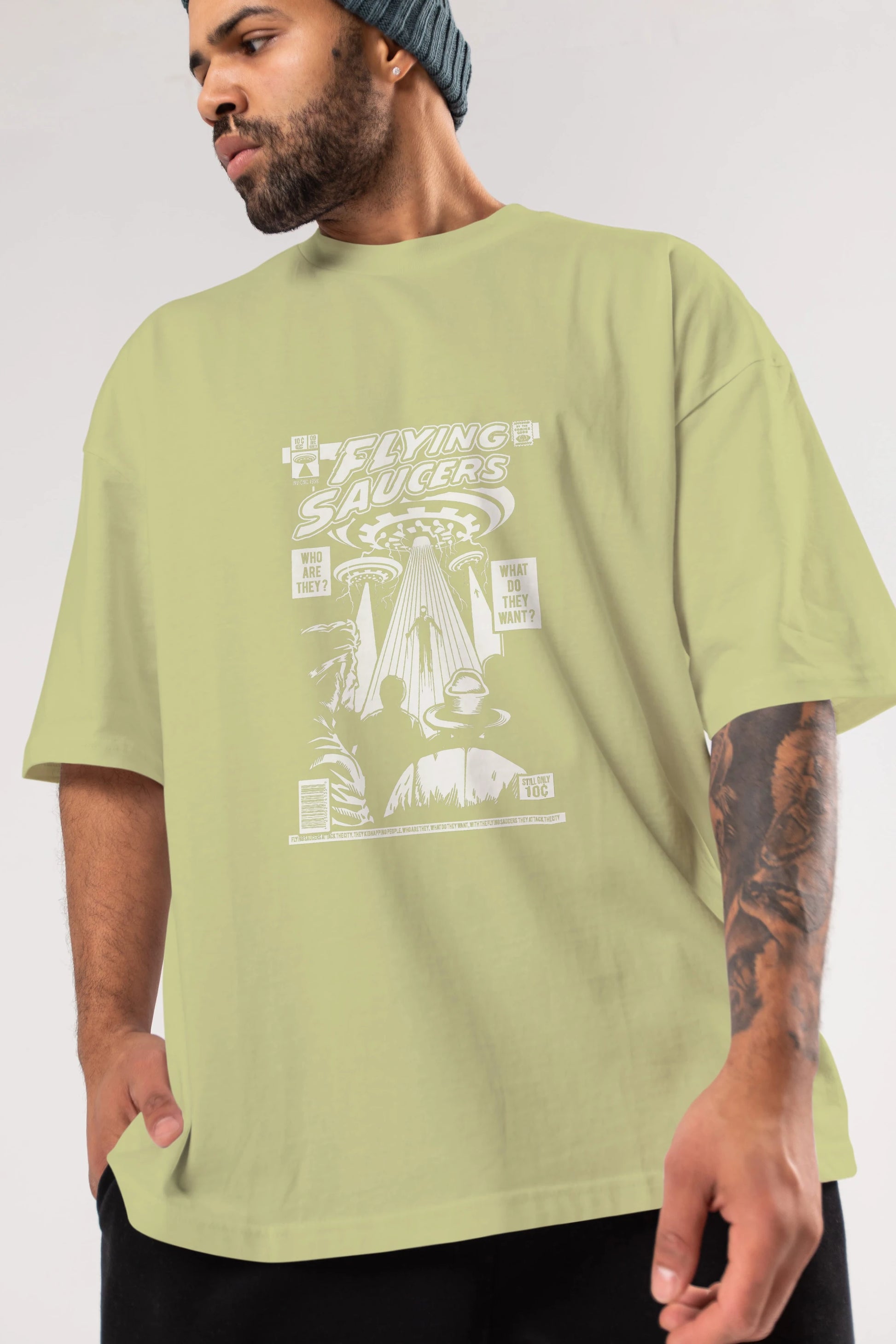 UFO Ön Baskılı Oversize t-shirt Erkek Kadın Unisex %100 Pamuk tişort