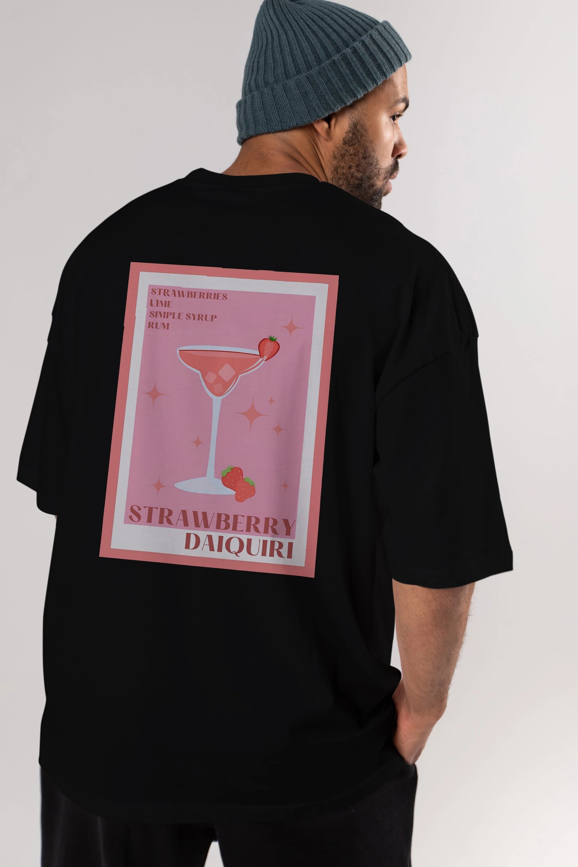 Strawberry Daiquiri Arka Baskılı Oversize t-shirt Erkek Kadın Unisex %100 Pamuk Bisiklet Yaka tişort