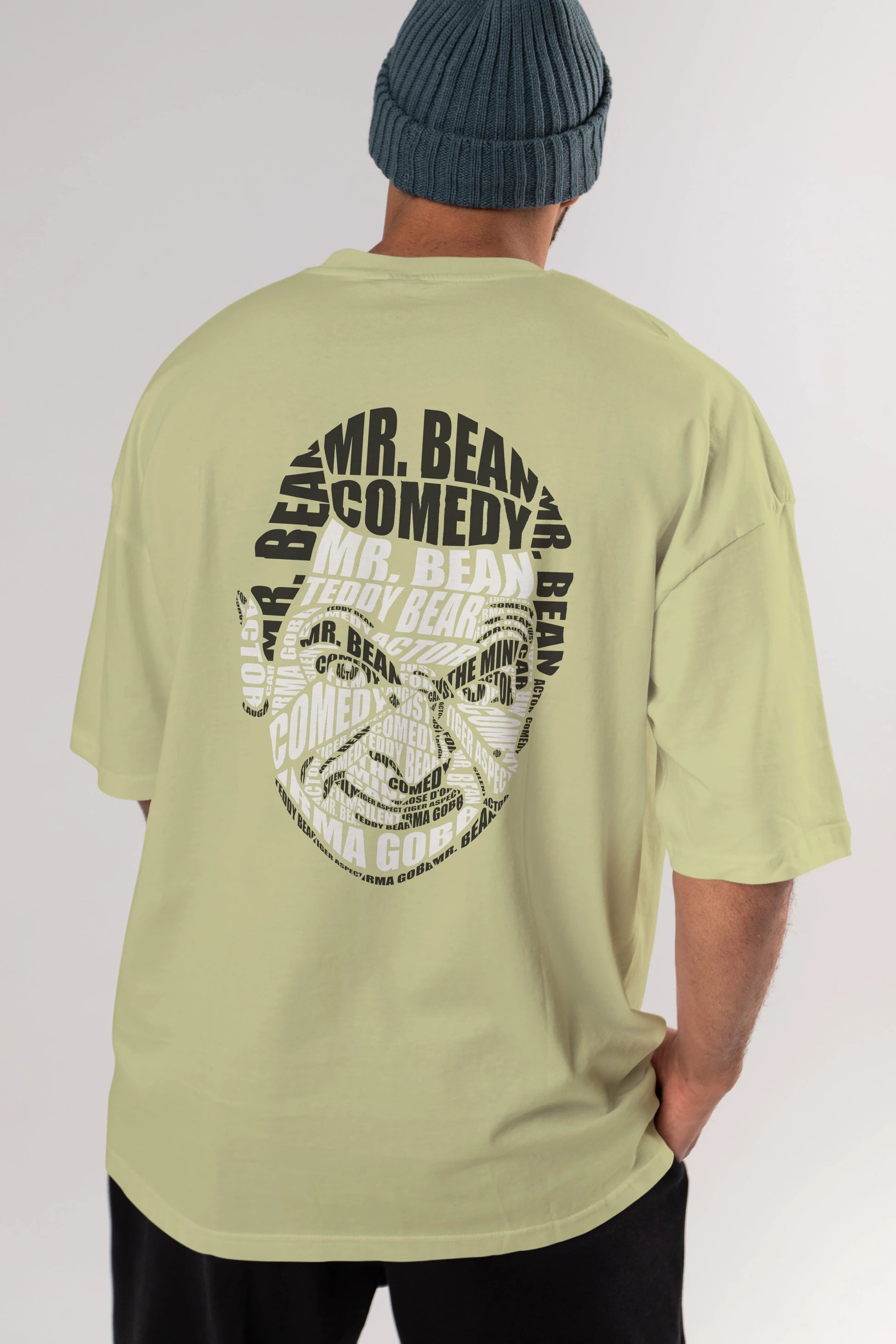 Mr Bean Calligram Arka Baskılı Oversize t-shirt %100 pamuk Erkek Kadın Unisex