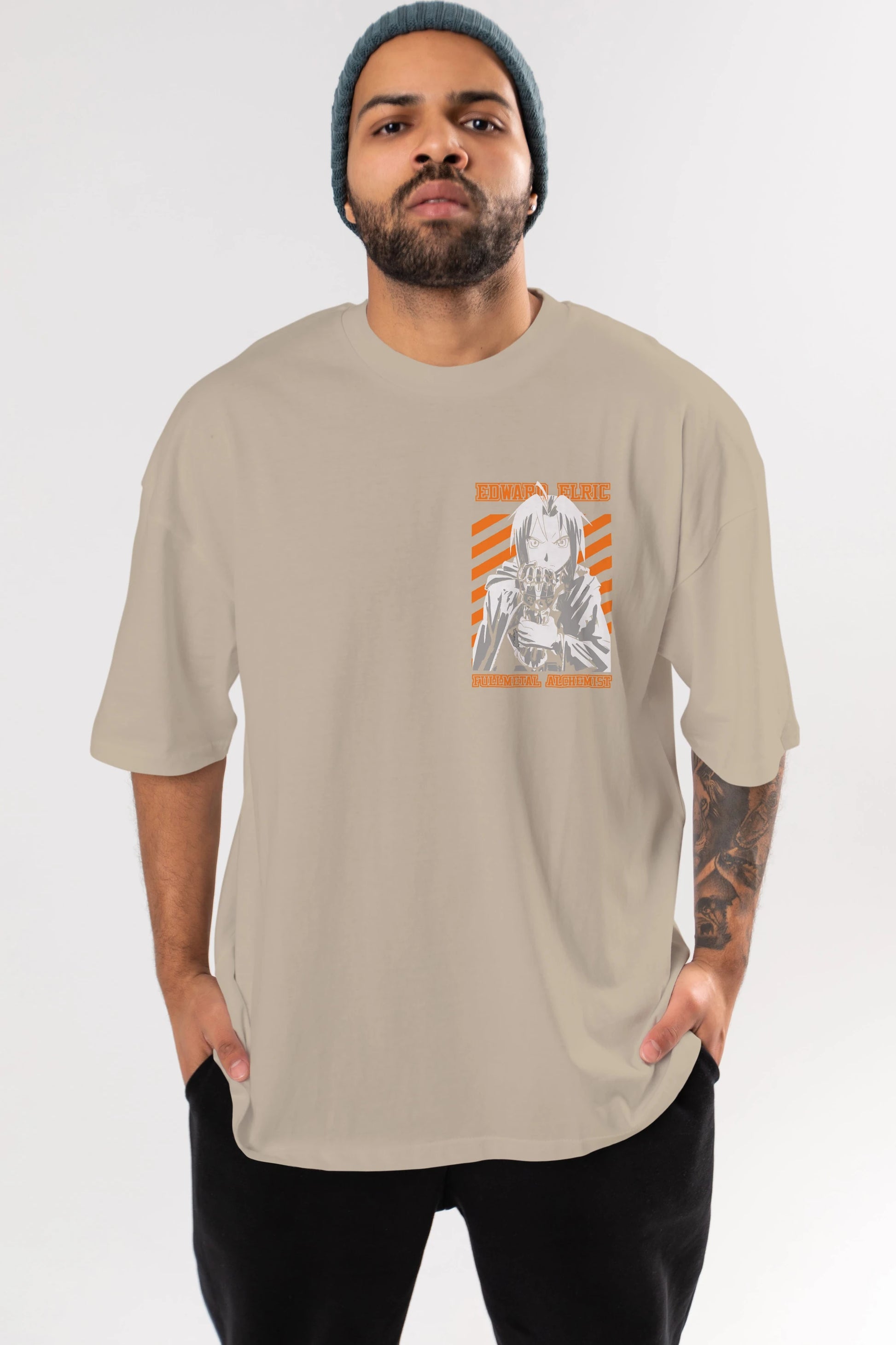 EDWARD ELRIC Ön Sol Baskılı Oversize t-shirt Erkek Kadın Unisex %100 Pamuk Bisiklet Yaka tişort