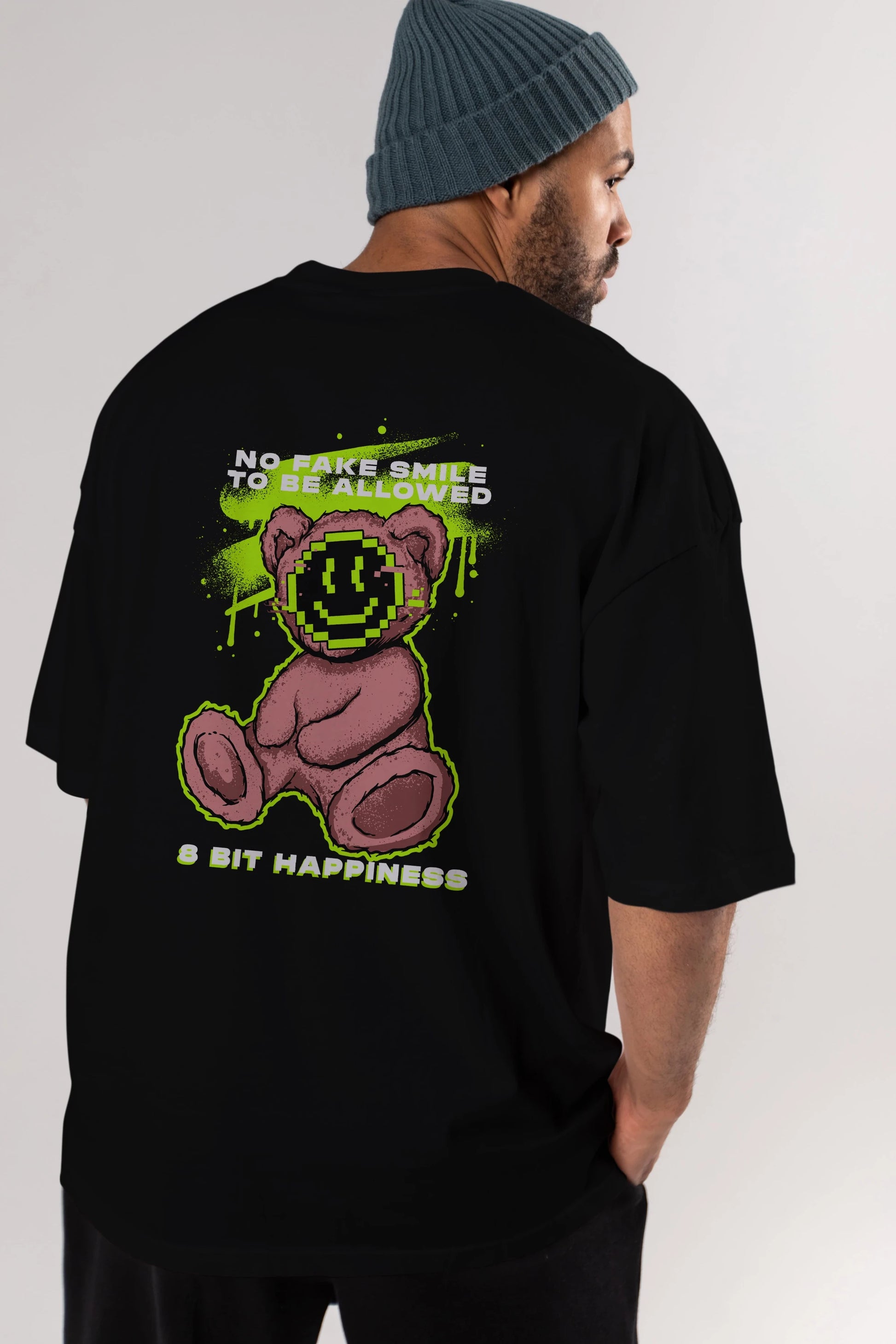No Fake Smile Bear Arka Baskılı Oversize t-shirt Erkek Kadın Unisex