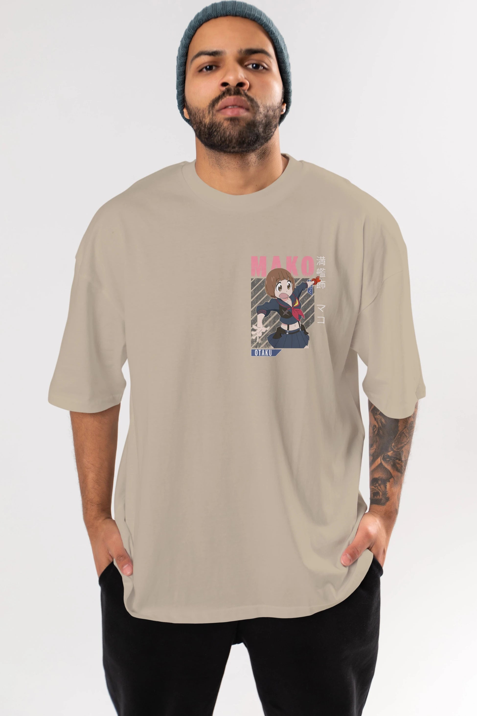 Mako Mankanshoku 2 Ön Sol Baskılı Oversize t-shirt Erkek Kadın Unisex %100 Pamuk Bisiklet Yaka tişort