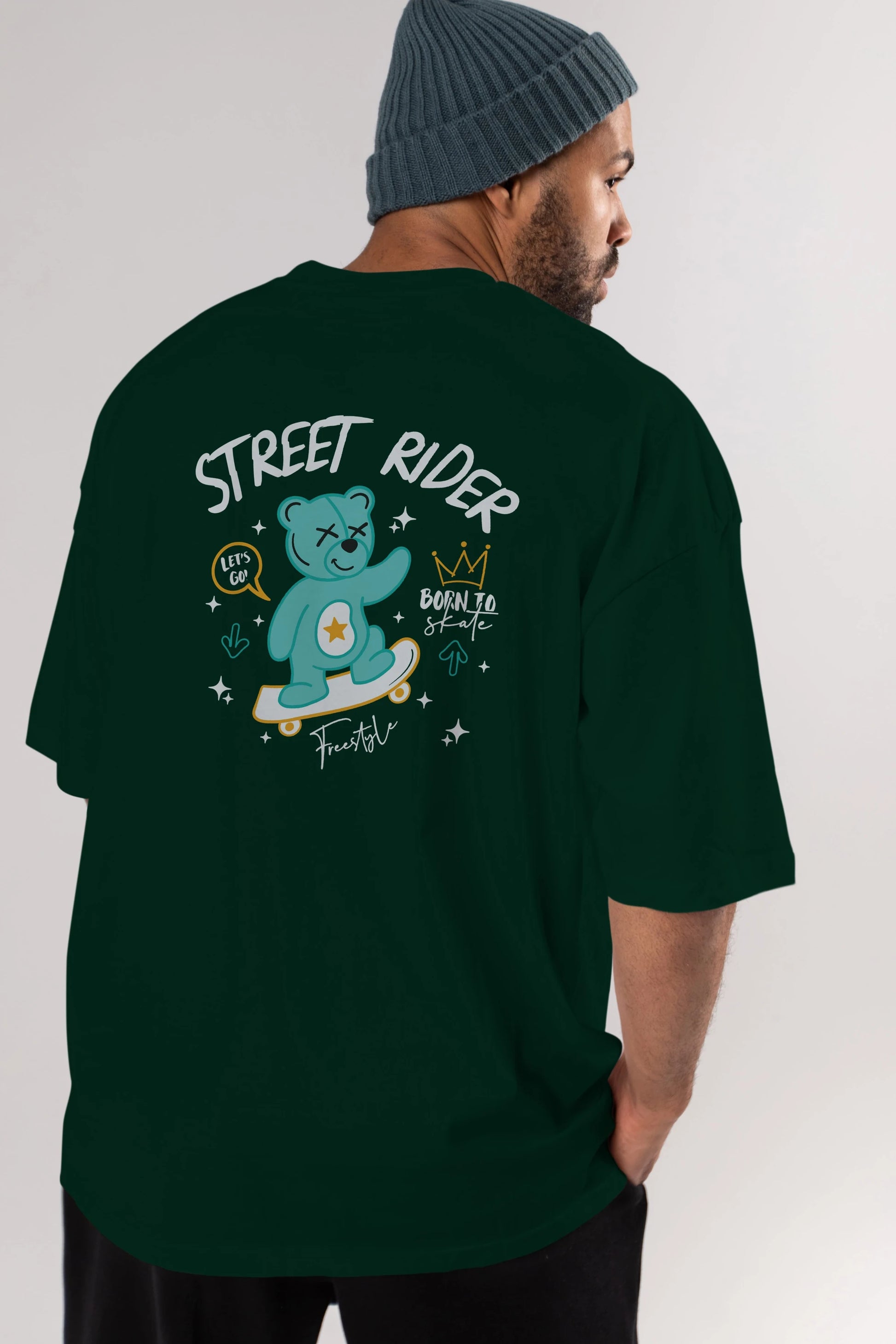 Street Rider Bear Arka Baskılı Oversize t-shirt Erkek Kadın Unisex