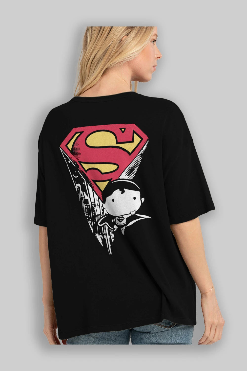 Superman Arka Baskılı Oversize t-shirt Erkek Kadın Unisex %100 Pamuk Bisiklet Yaka tişort