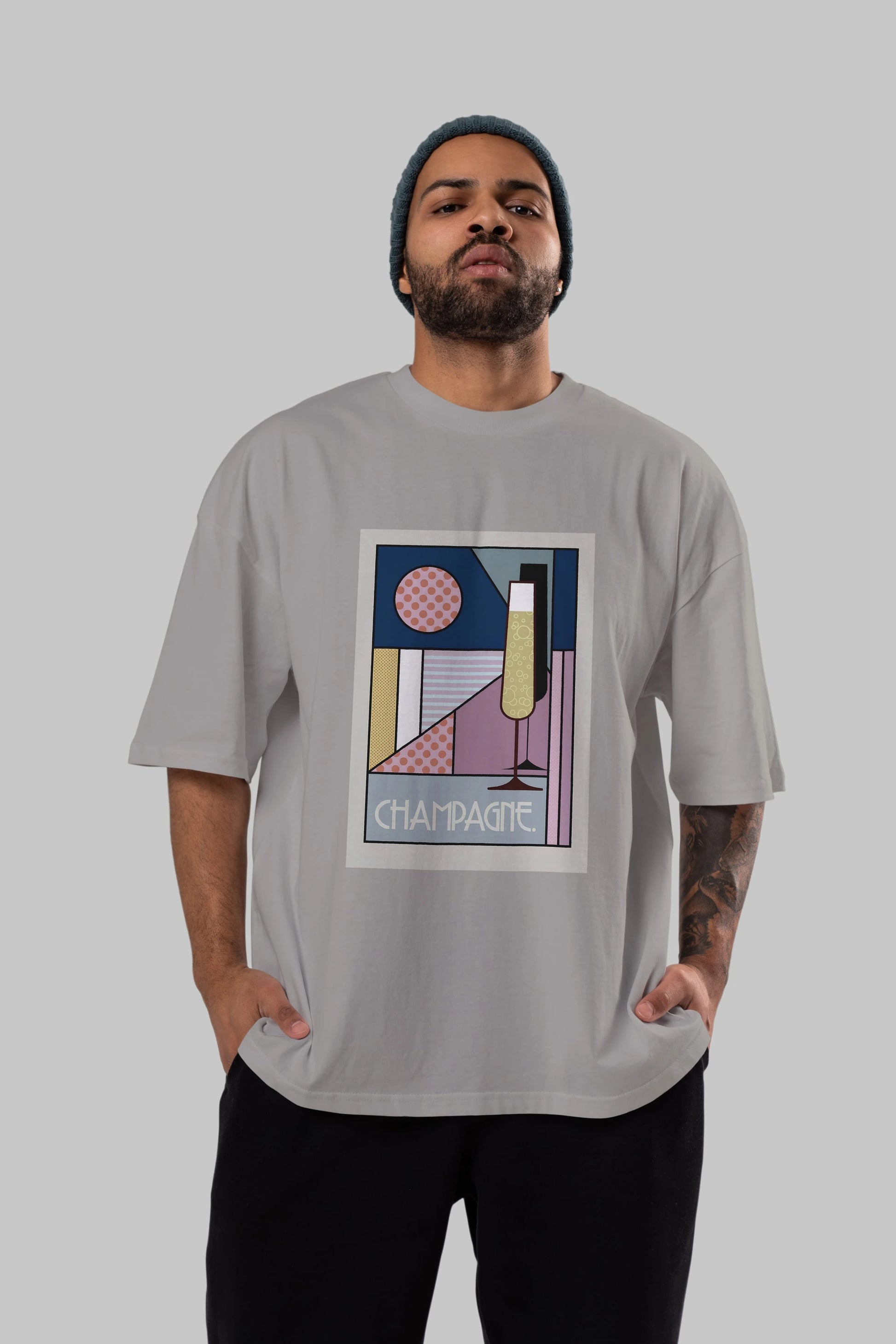 Champagne Ön Baskılı Oversize t-shirt Erkek Kadın Unisex %100 Pamuk Bisiklet Yaka tişort