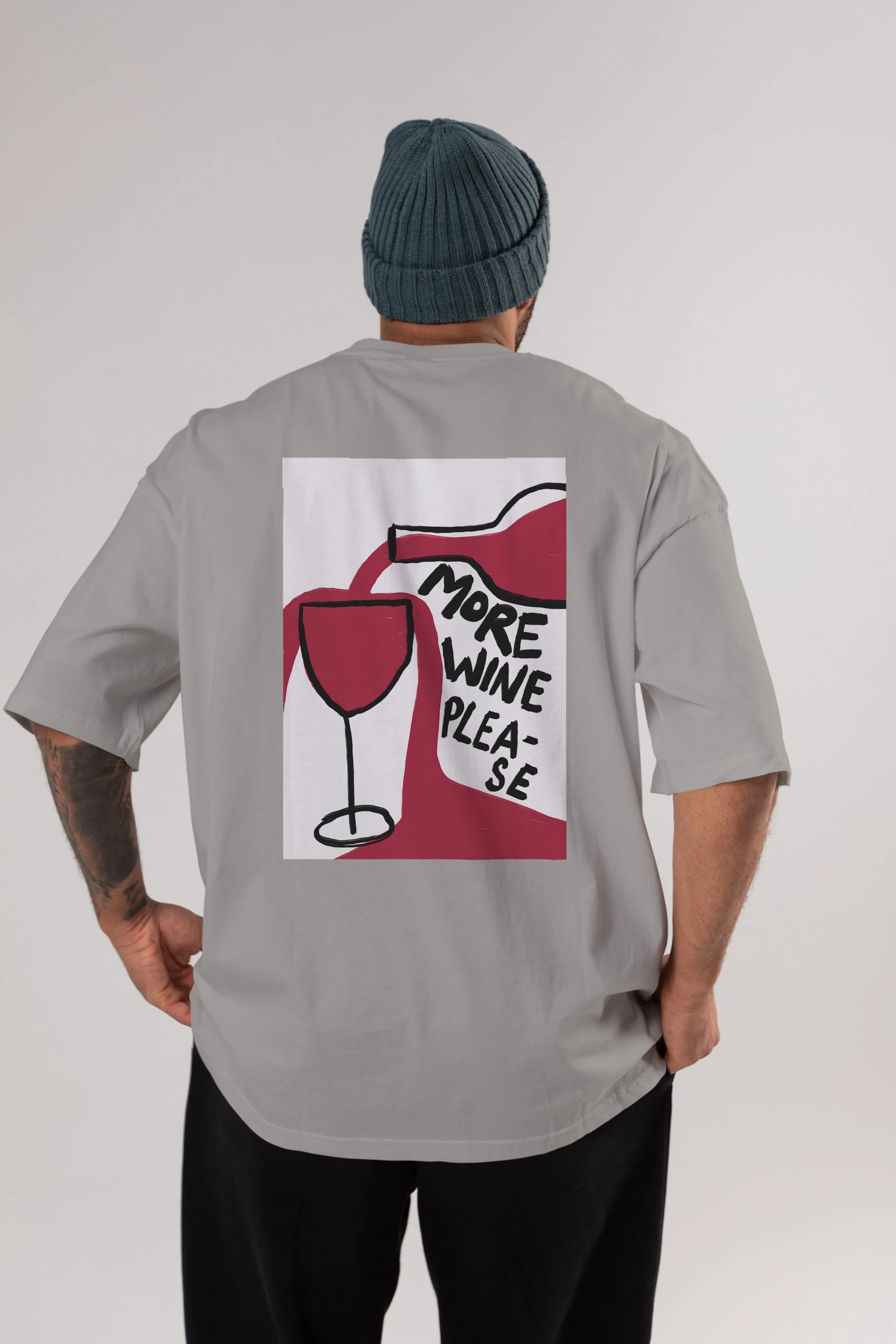 More Wine Please Arka Baskılı Oversize t-shirt Erkek Kadın Unisex %100 Pamuk Bisiklet Yaka tişort