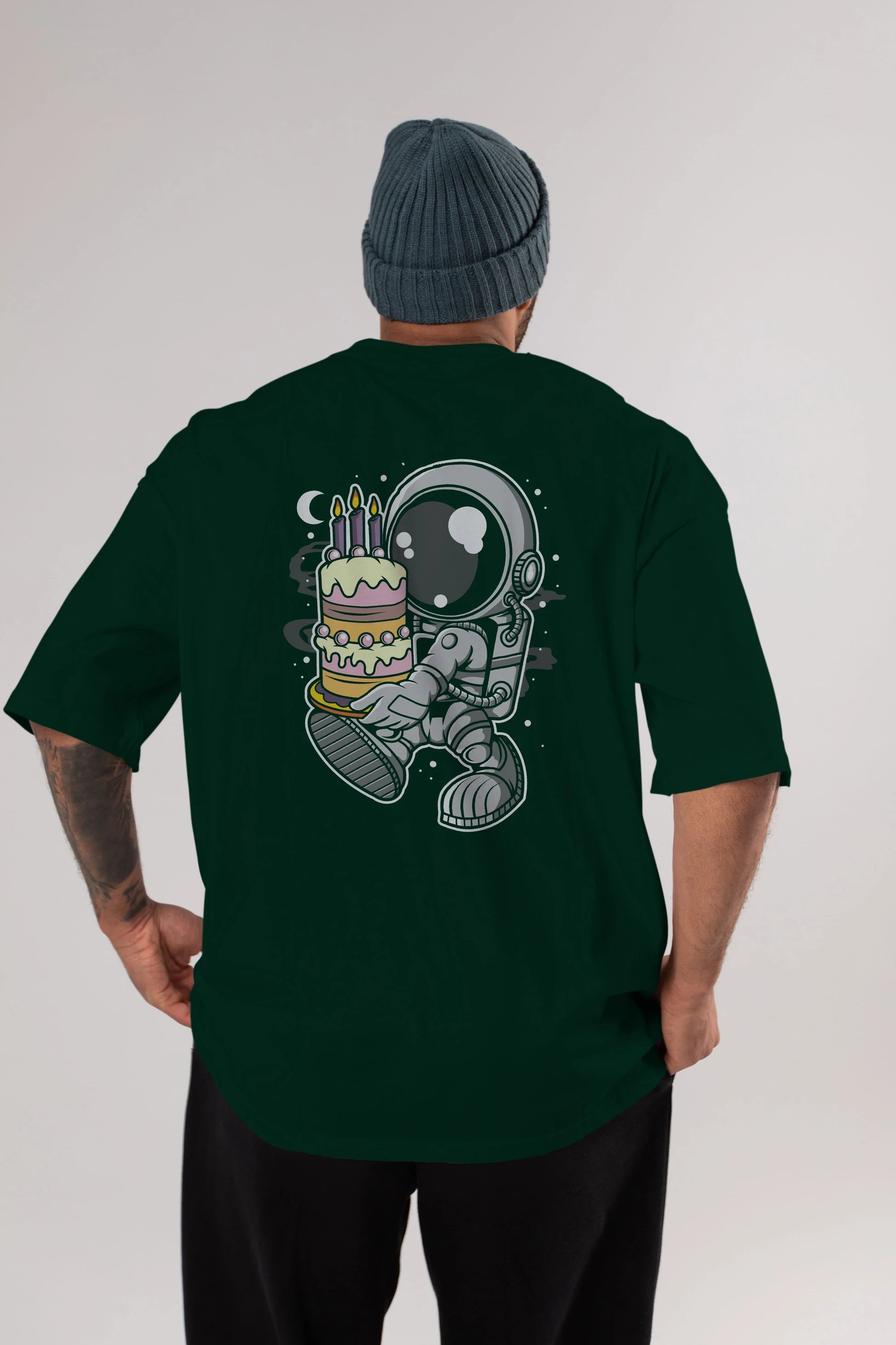 Astronaut Birthday Cake Arka Baskılı Oversize t-shirt Erkek Kadın Unisex
