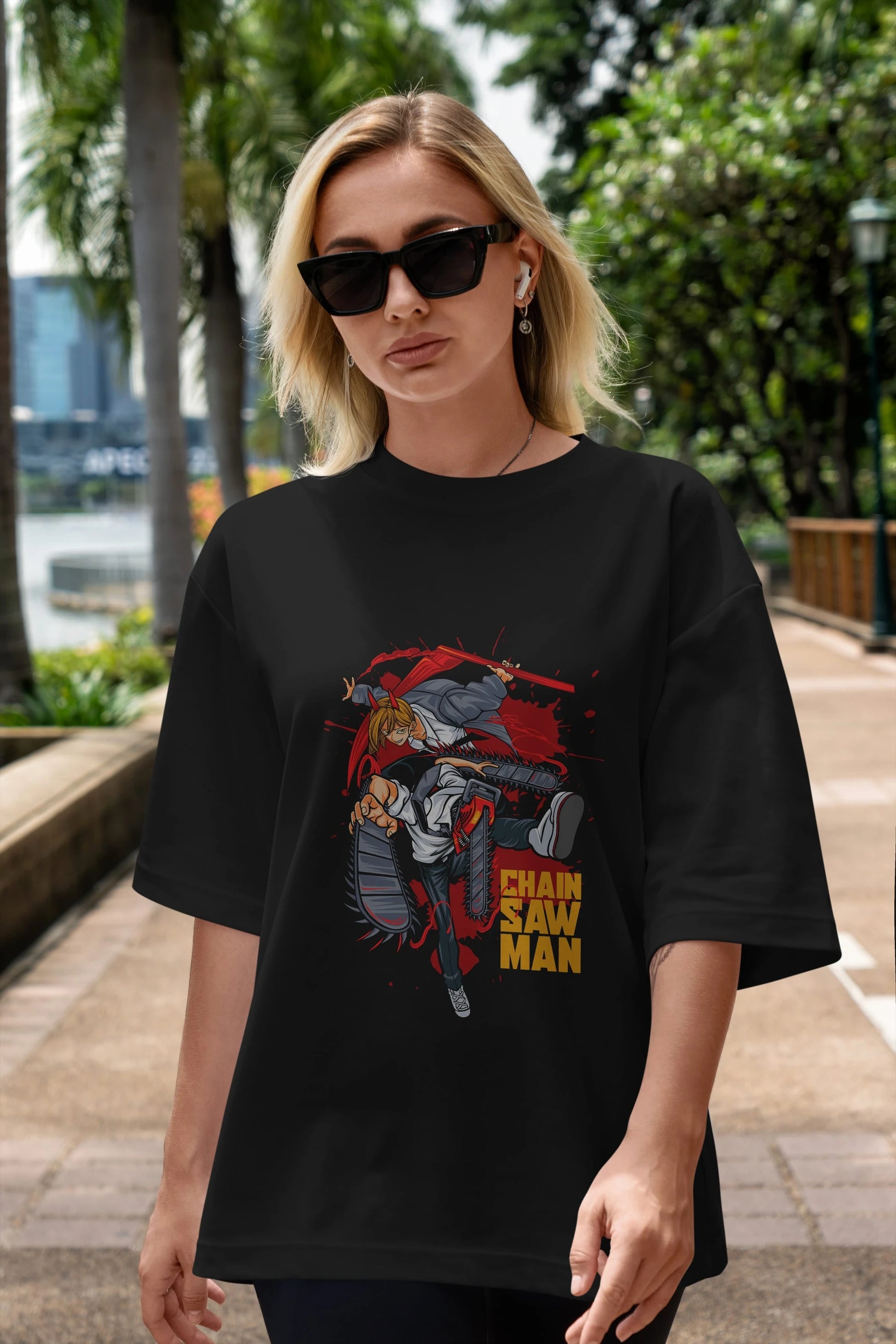DENJI and POWER Anime Ön Baskılı Oversize t-shirt %100 pamuk Erkek Kadın Unisex