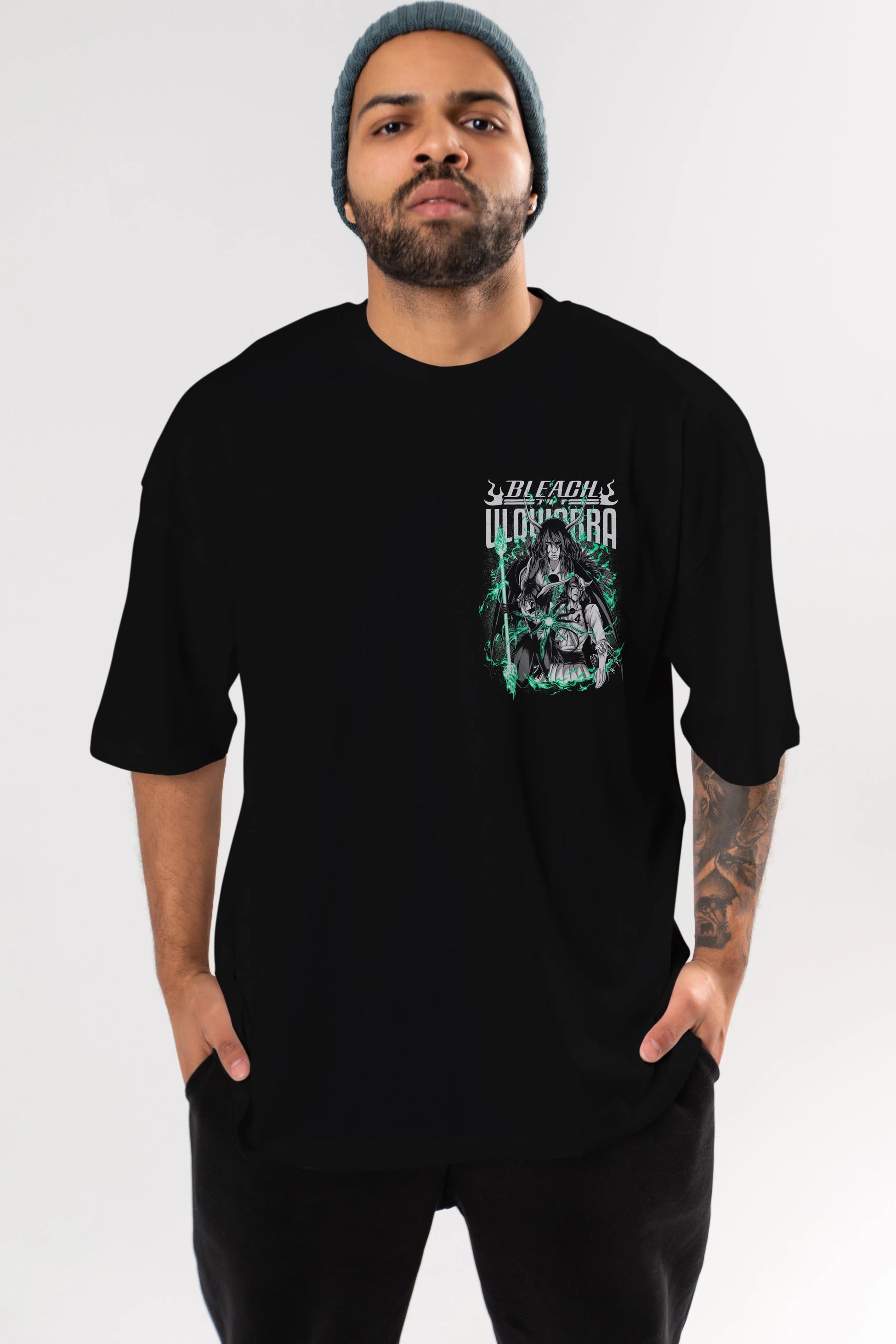 BLEACH(ULQUIARRA) Ön Sol Baskılı Oversize t-shirt Erkek Kadın Unisex %100 Pamuk Bisiklet Yaka tişort