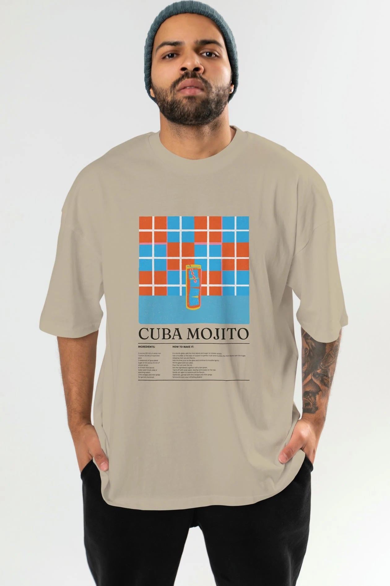 Cuba Mojito Kokteyl Ön Baskılı Oversize t-shirt Erkek Kadın %100 Pamuk Bisiklet Yaka tişort
