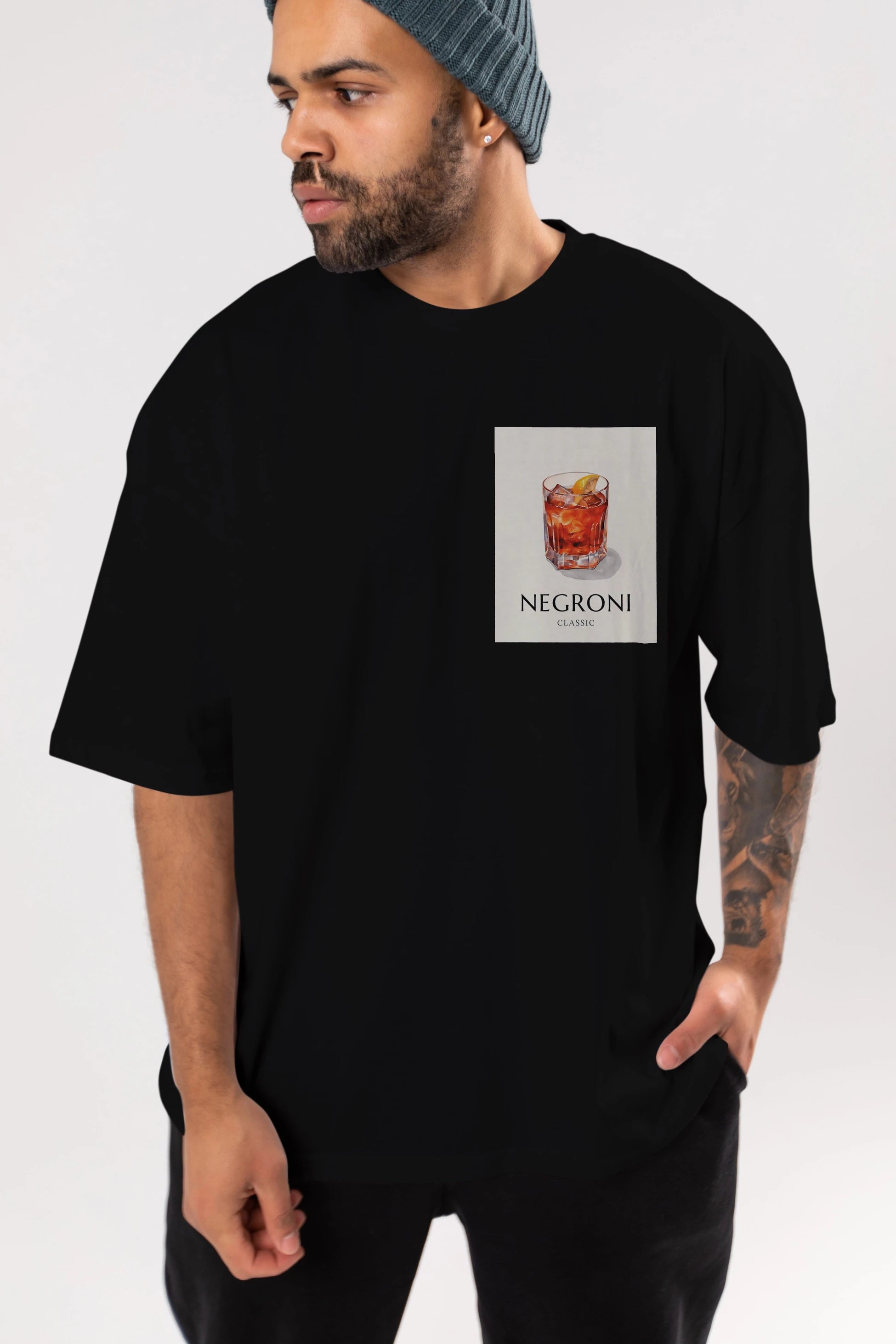 Negroni Classic Ön Sol Baskılı Oversize t-shirt Erkek Kadın Unisex %100 Pamuk Bisiklet Yaka tişort