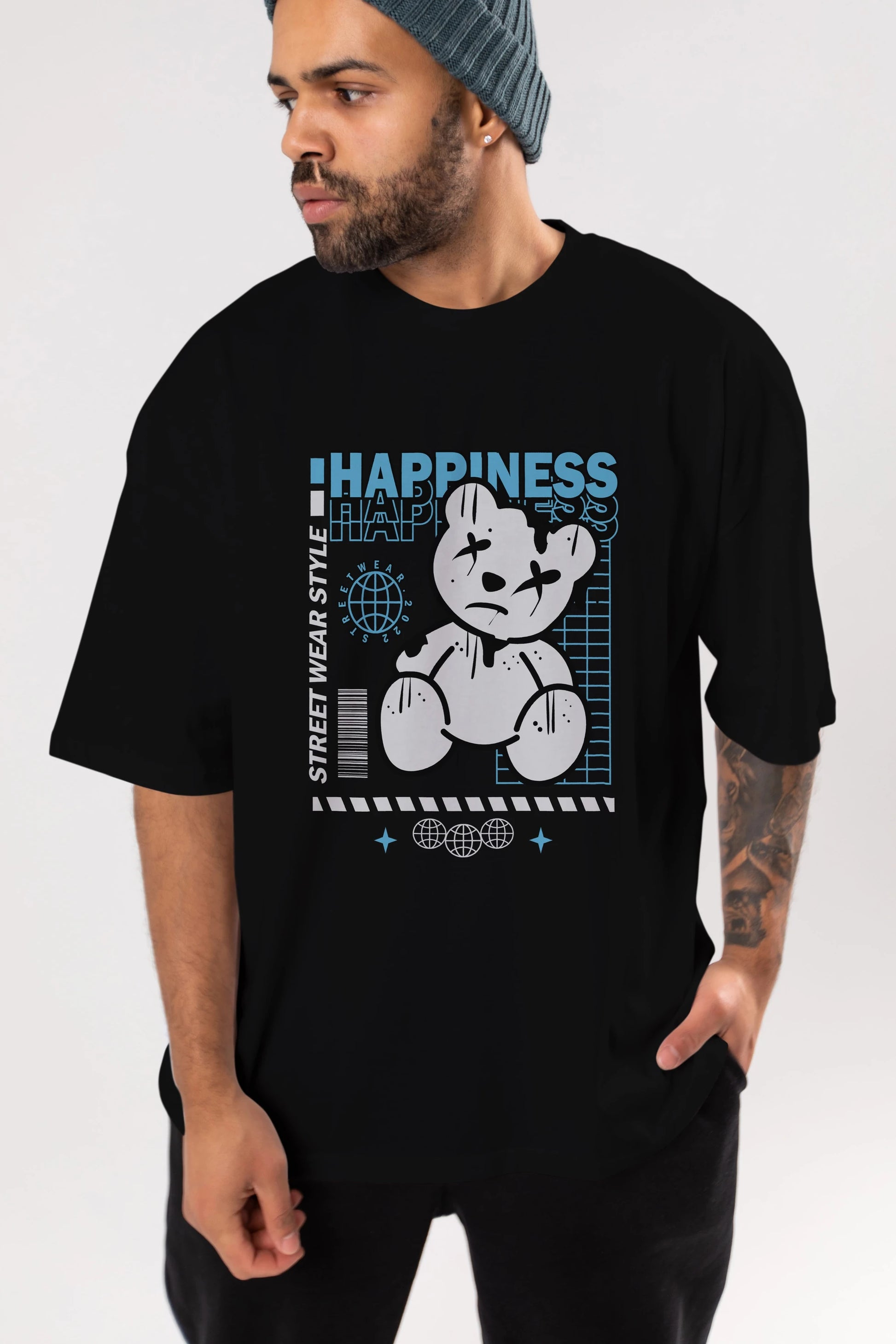 Happiness Bear 2 Ön Baskılı Oversize t-shirt Erkek Kadın Unisex