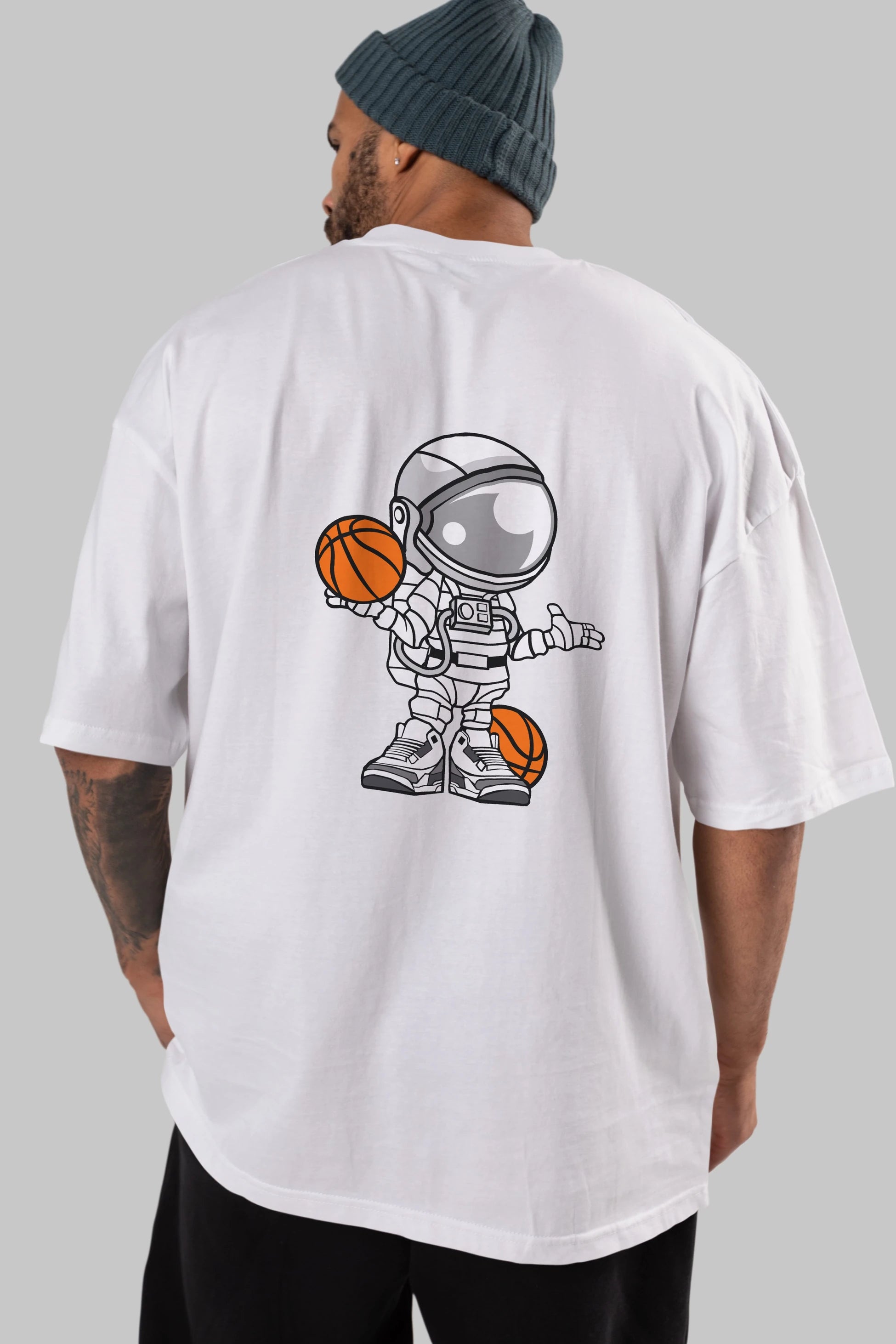 Astronaut Basketball Player Arka Baskılı Oversize t-shirt Erkek Kadın Unisex %100 Pamuk tişort