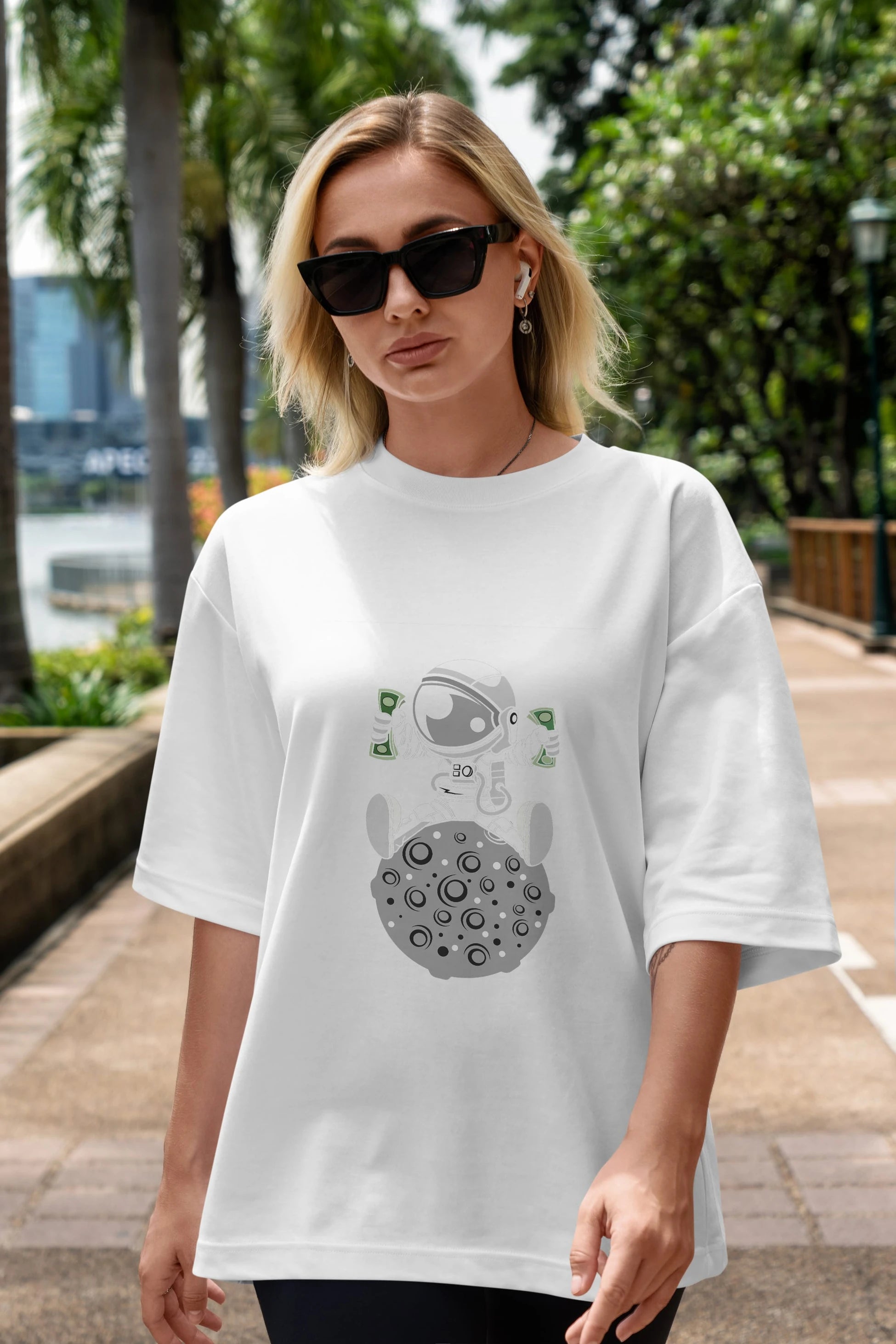 Astronaut Dollar Ön Baskılı Oversize t-shirt Erkek Kadın Unisex %100 Pamuk tişort