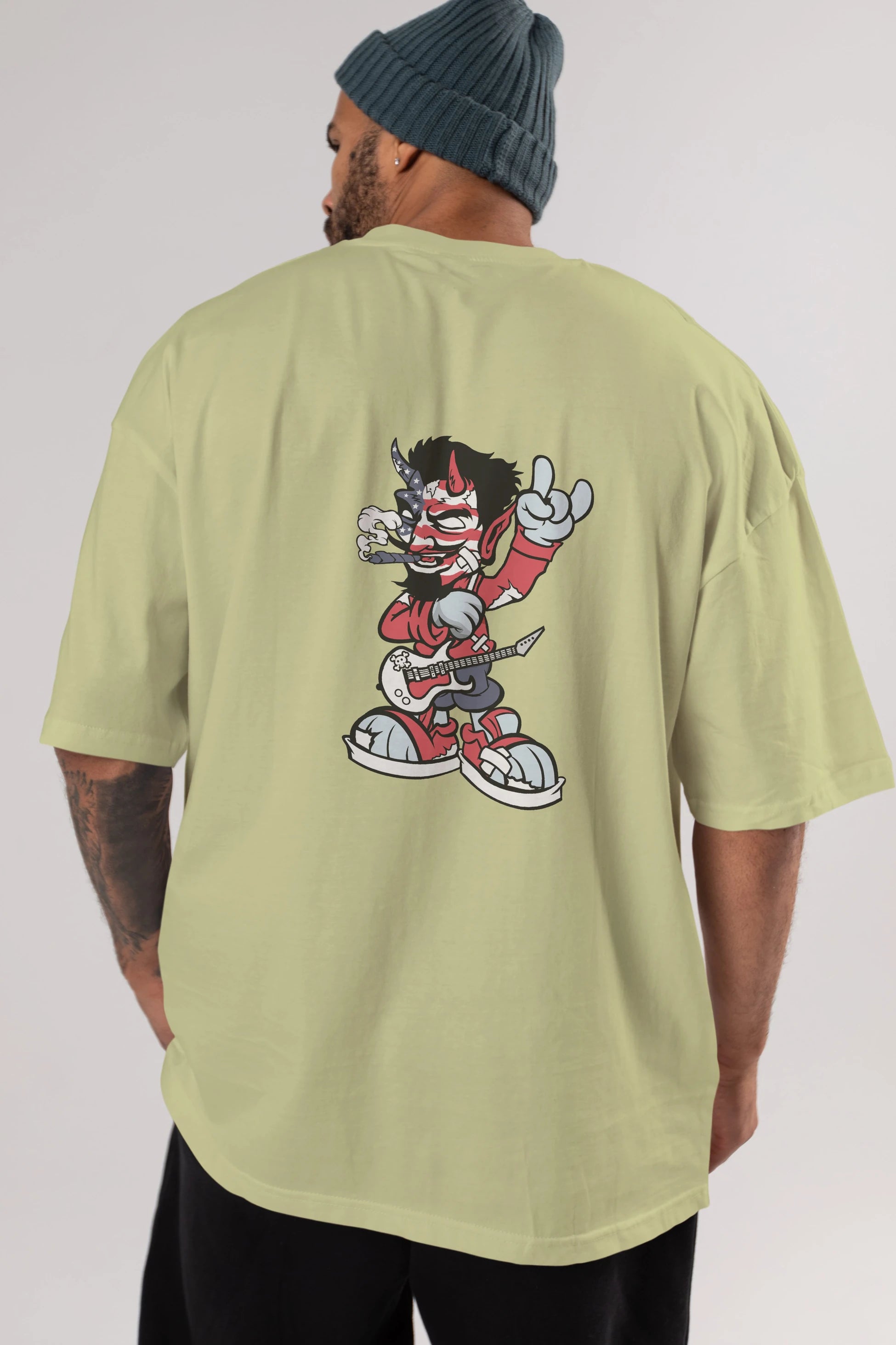 American Devil Rockstar Arka Baskılı Oversize t-shirt Erkek Kadın Unisex %100 Pamuk tişort
