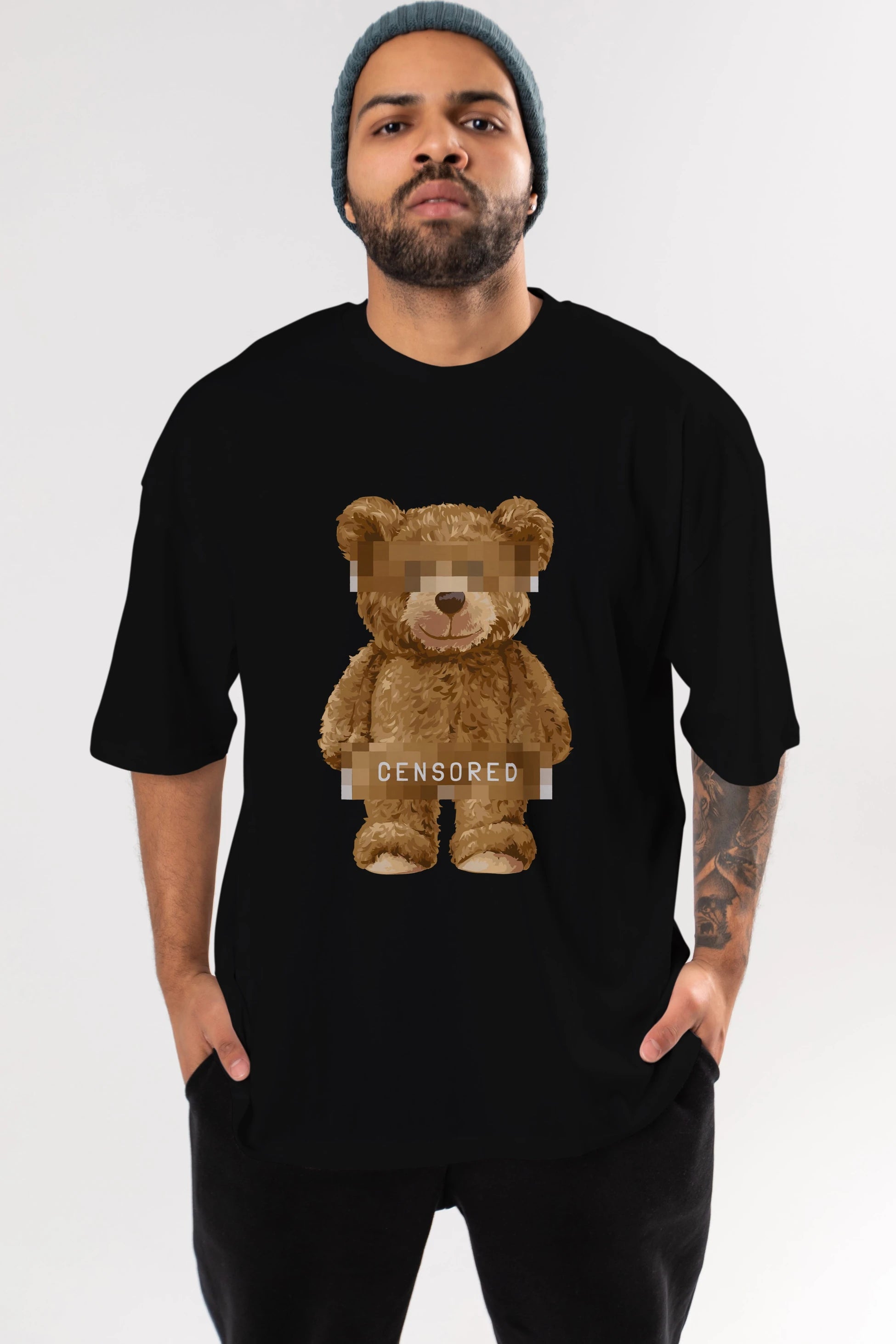 Teddy Bear Censored Ön Baskılı Oversize t-shirt Erkek Kadın Unisex %100 Pamuk