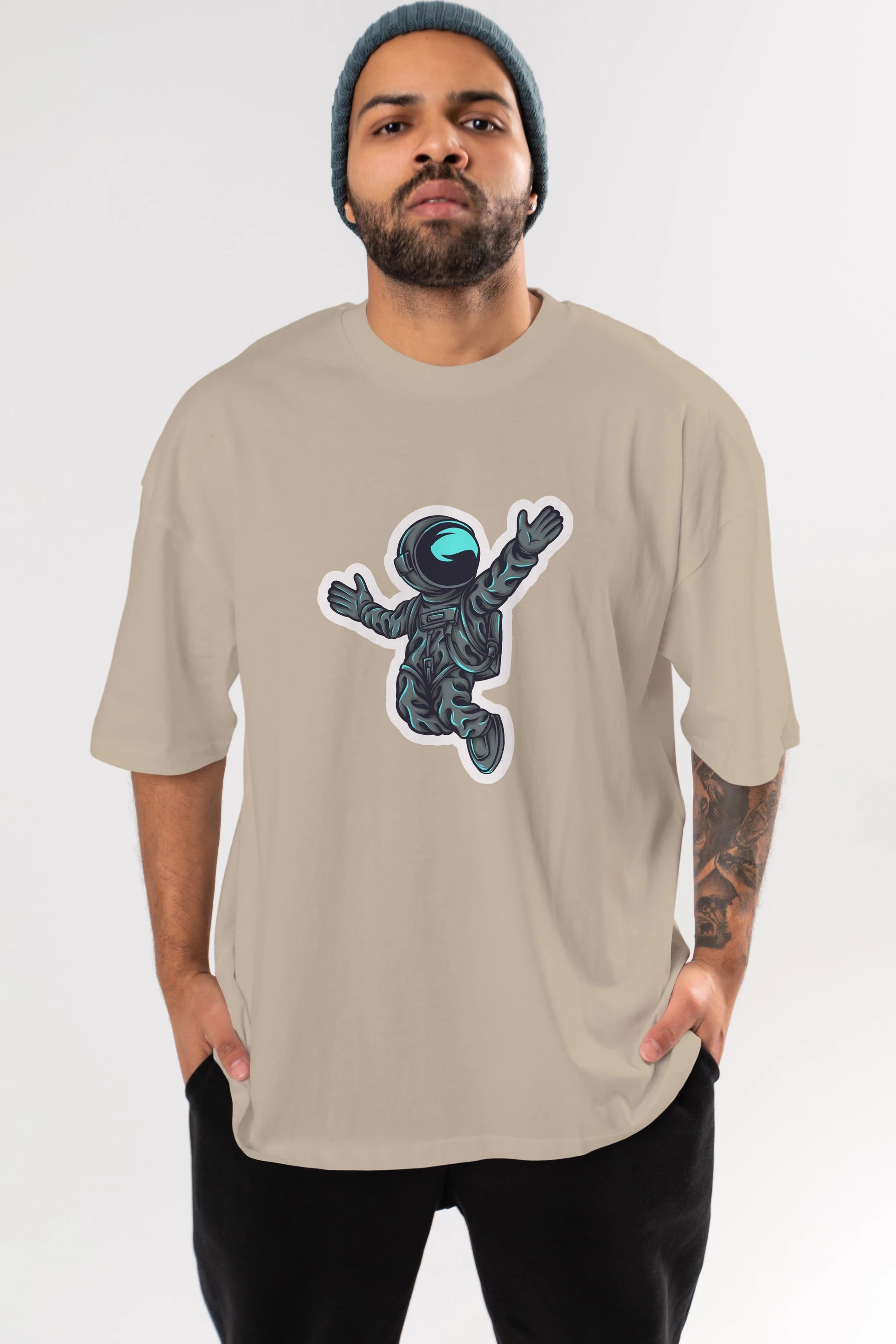 Happy Astronaut Sticker Ön Baskılı Oversize t-shirt Erkek Kadın Unisex