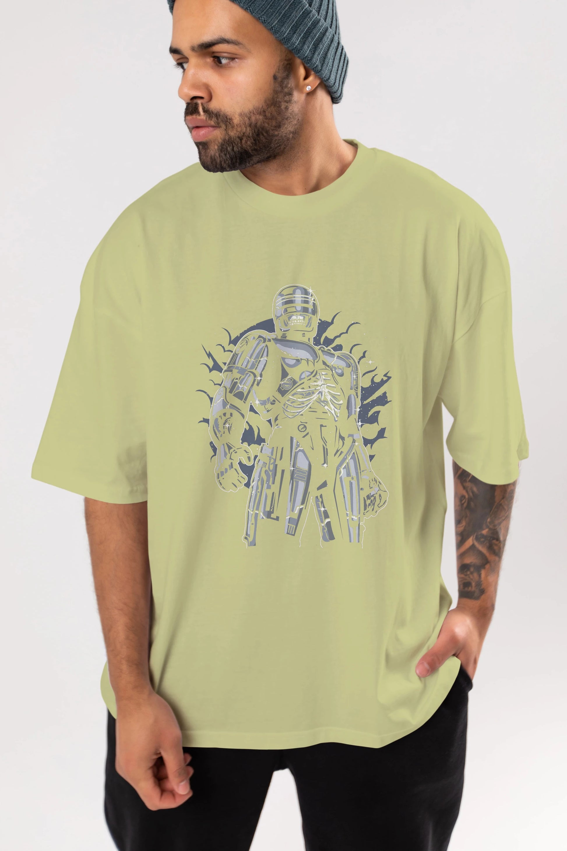 Roboskull Ön Baskılı Oversize t-shirt Erkek Kadın Unisex %100 Pamuk tişort