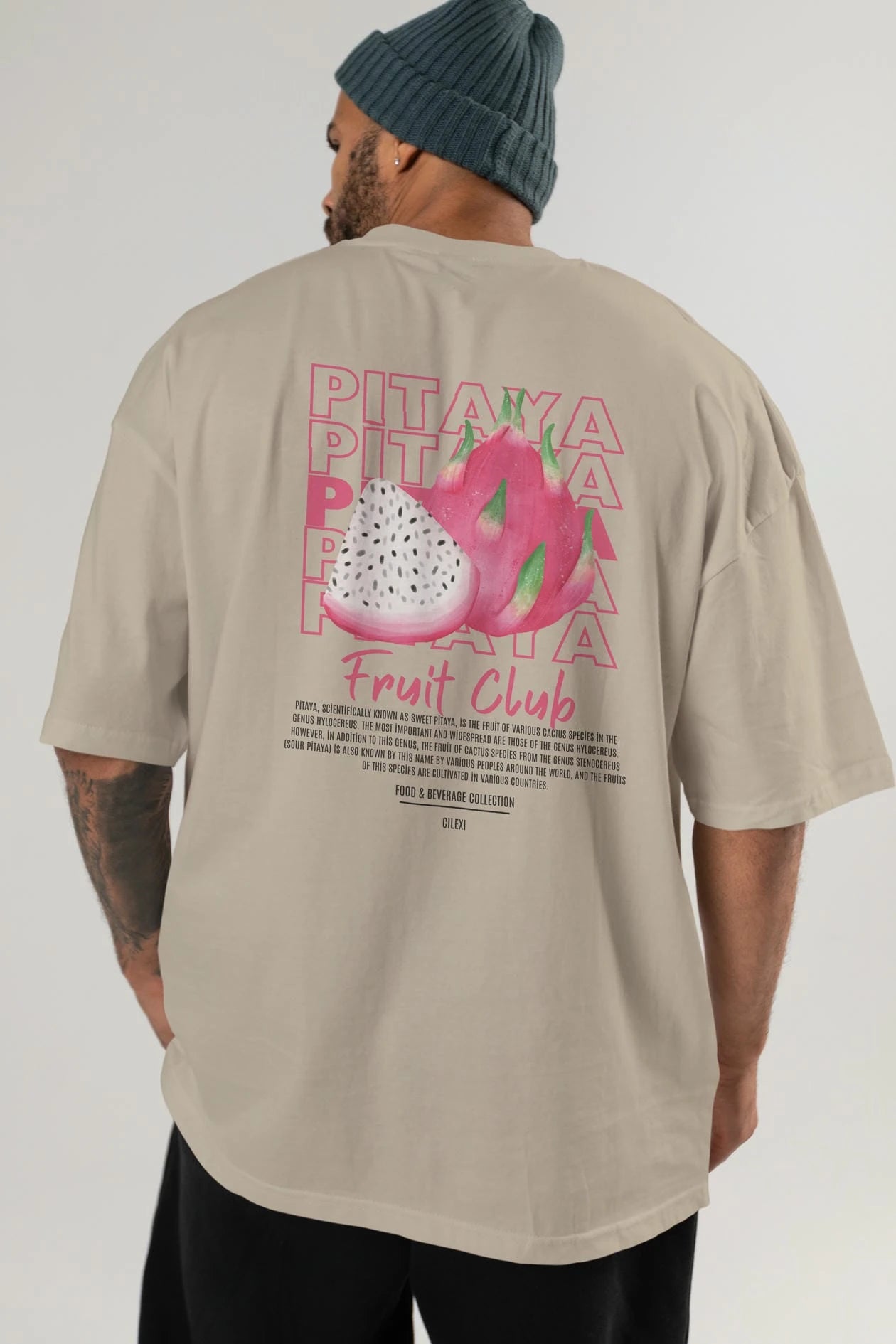 Pitaya Arka Baskılı Oversize t-shirt Erkek Kadın Pamuk Bisiklet Yaka tişort