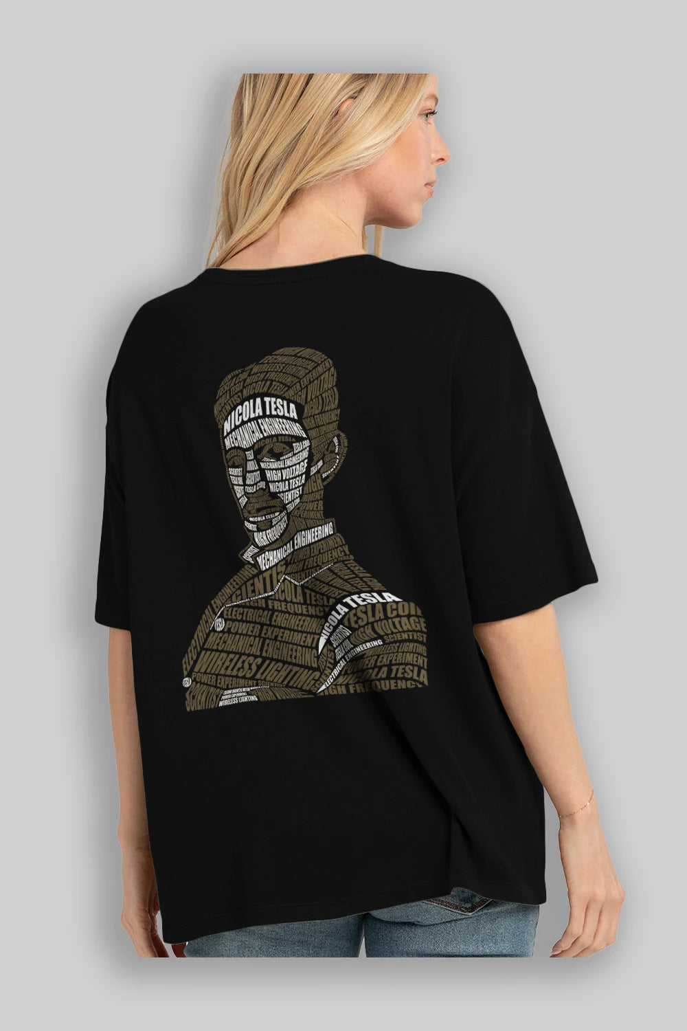 Nikola Tesla Calligram Arka Baskılı Oversize t-shirt %100 pamuk Erkek Kadın Unisex