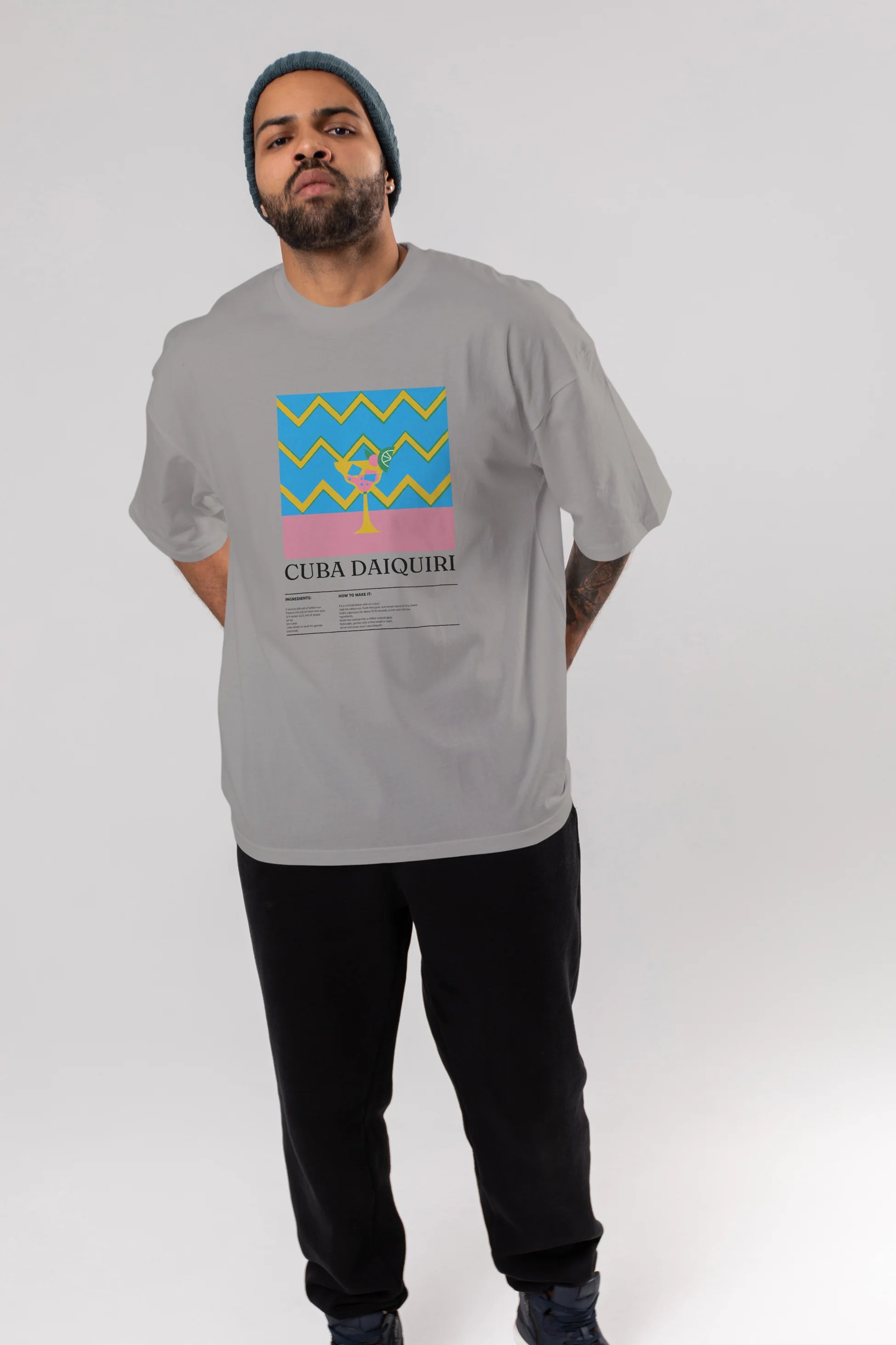 Cuba Daiquiri Kokteyl Ön Baskılı Oversize t-shirt Erkek Kadın %100 Pamuk Bisiklet Yaka tişort