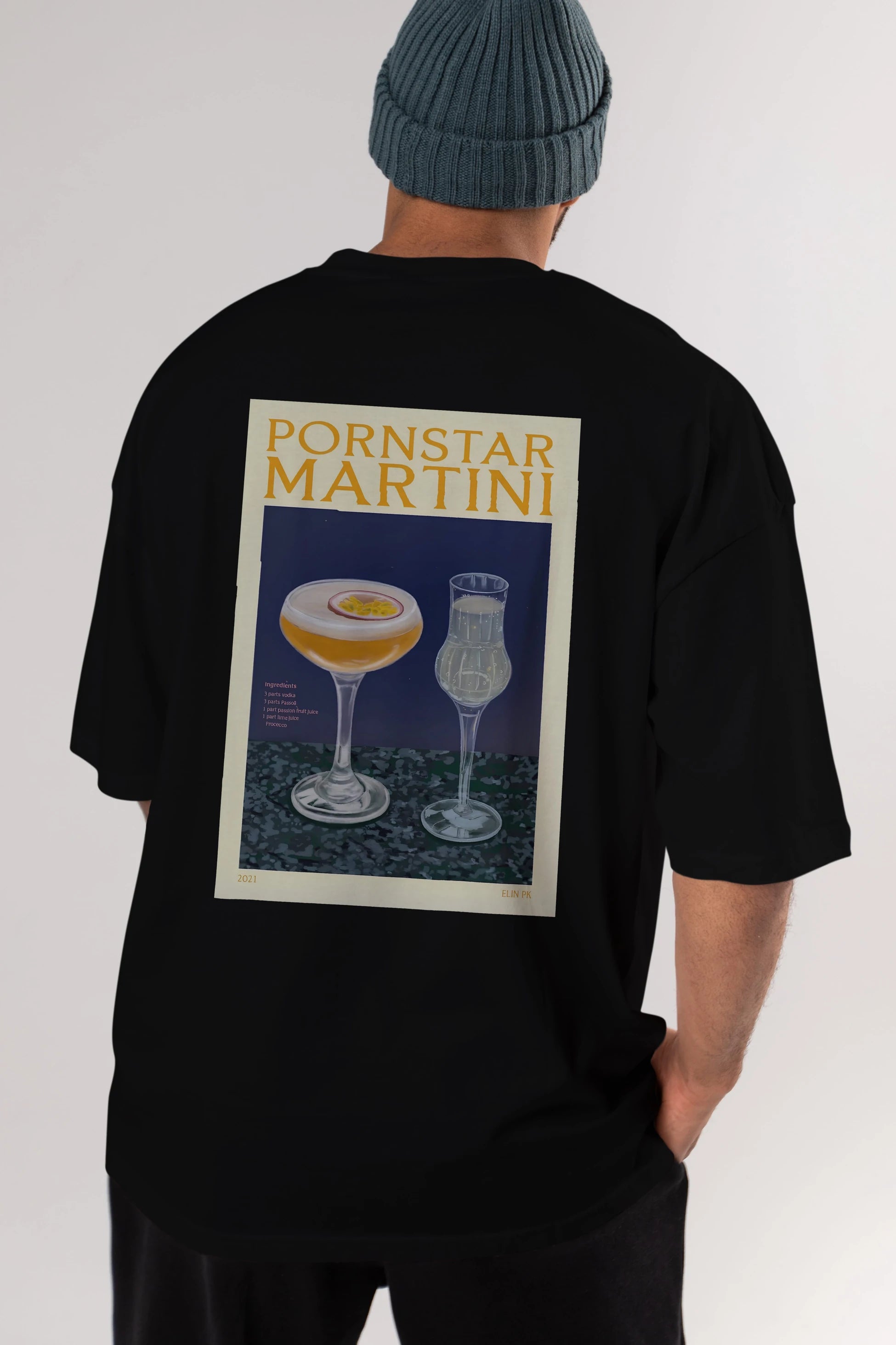 P.rnstar Martini Arka Baskılı Oversize t-shirt Erkek Kadın Unisex %100 Pamuk Bisiklet Yaka tişort