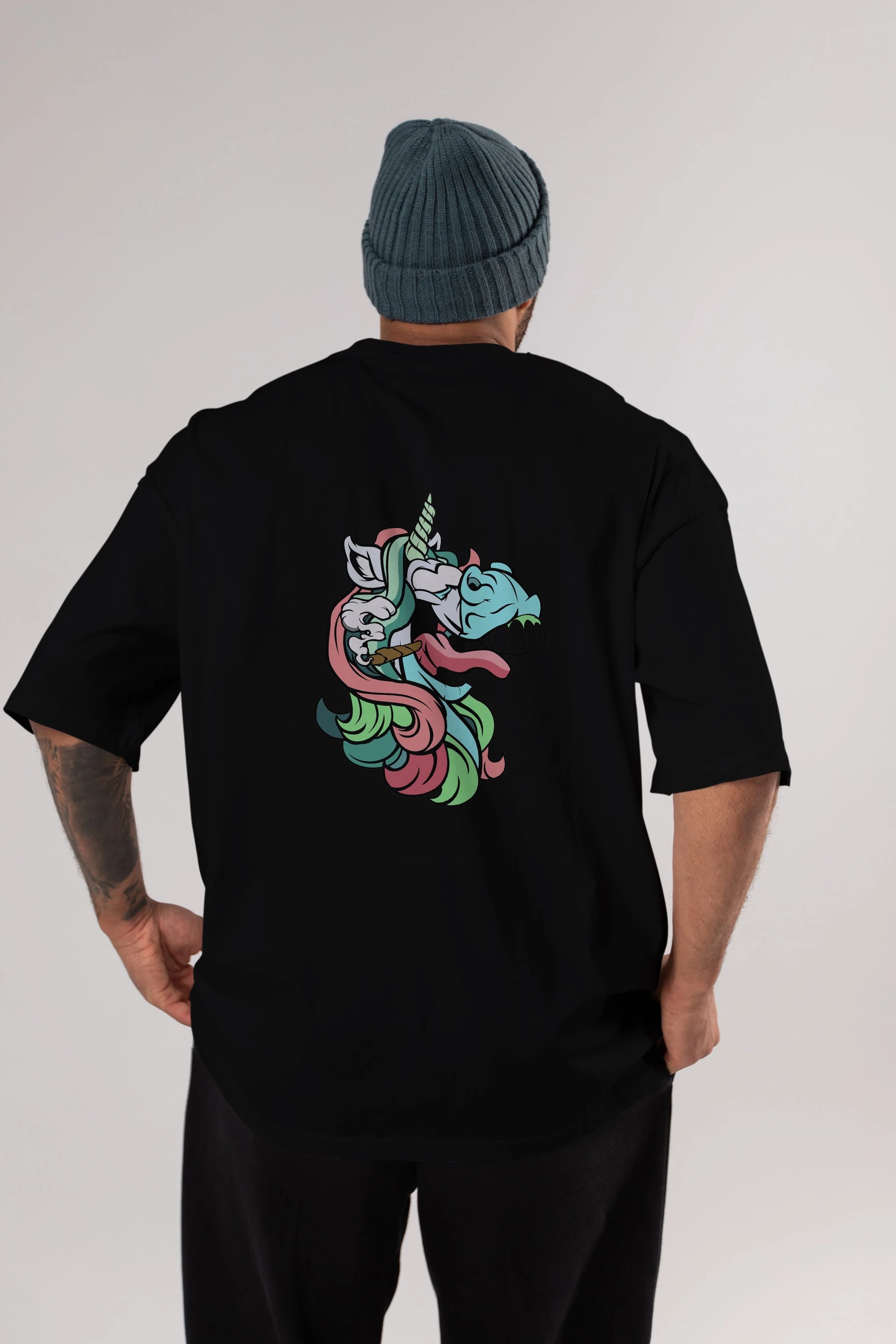 Crazy Unicorn Arka Baskılı Oversize t-shirt Erkek Kadın Unisex %100 Pamuk tişort