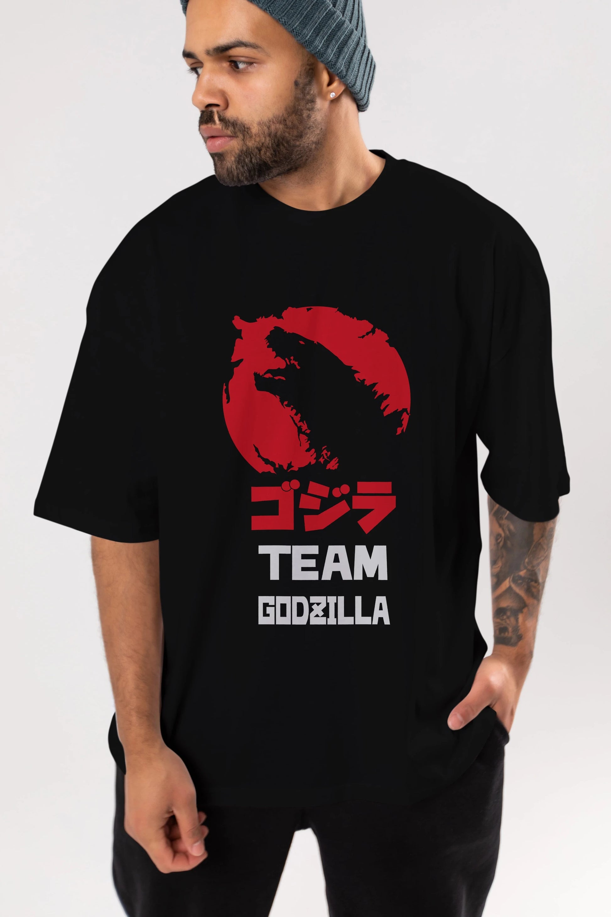 Team Godzilla Ön Baskılı Oversize t-shirt Erkek Kadın Unisex %100 Pamuk Bisiklet Yaka tişort