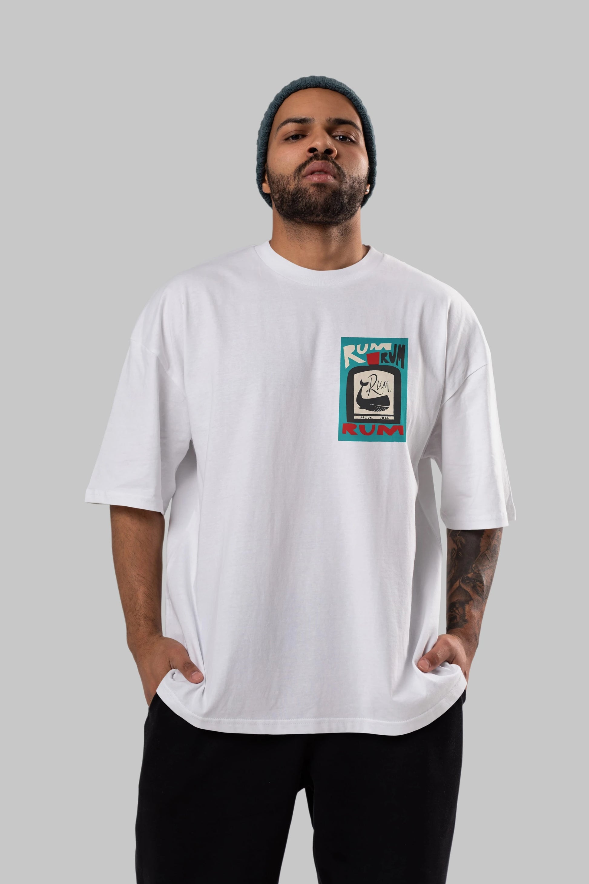 Rum Ön Sol Baskılı Oversize t-shirt Erkek Kadın Unisex %100 Pamuk Bisiklet Yaka tişort