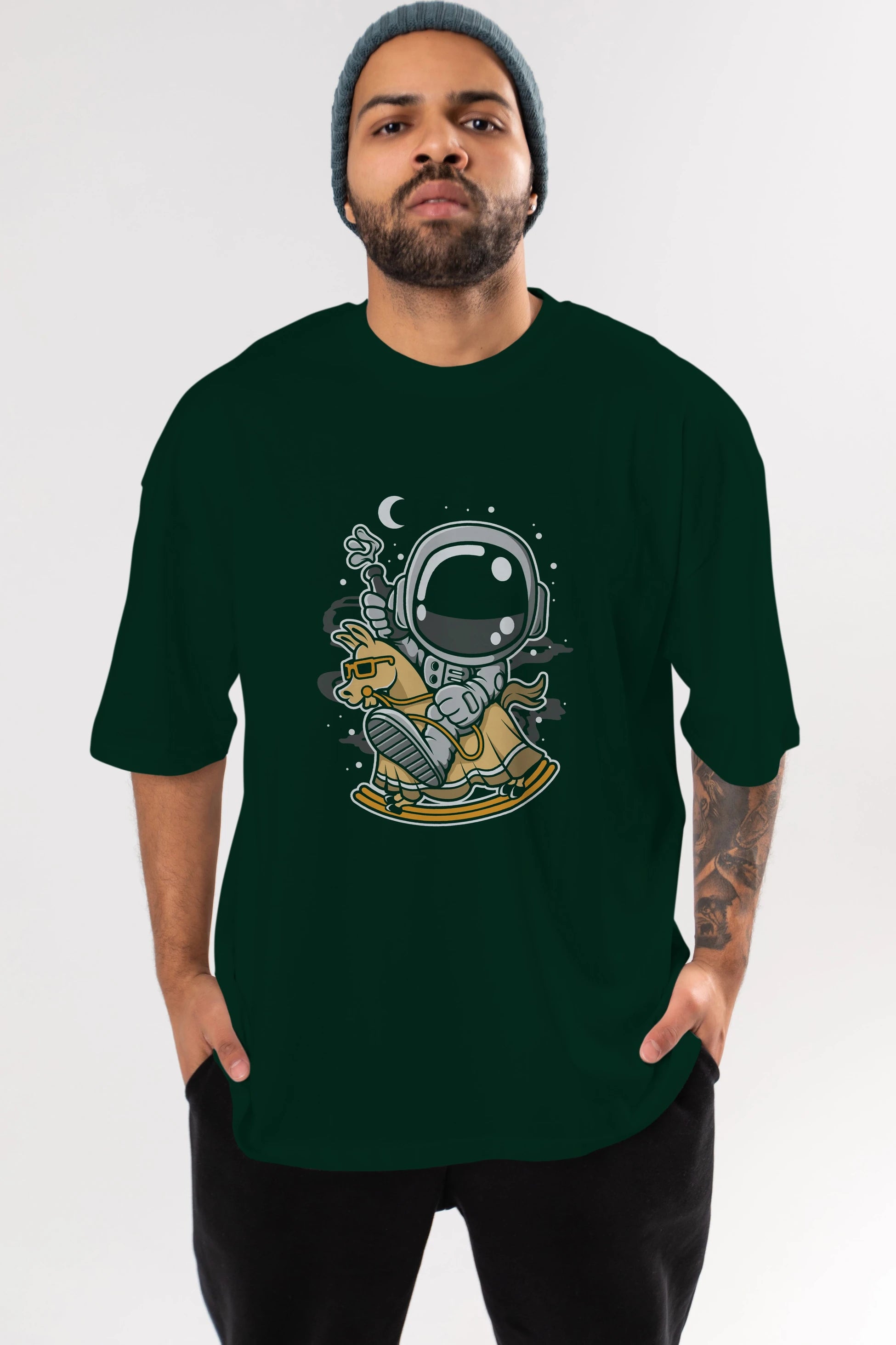 Astronaut RidingToy Horse Ön Baskılı Oversize t-shirt Erkek Kadın Unisex