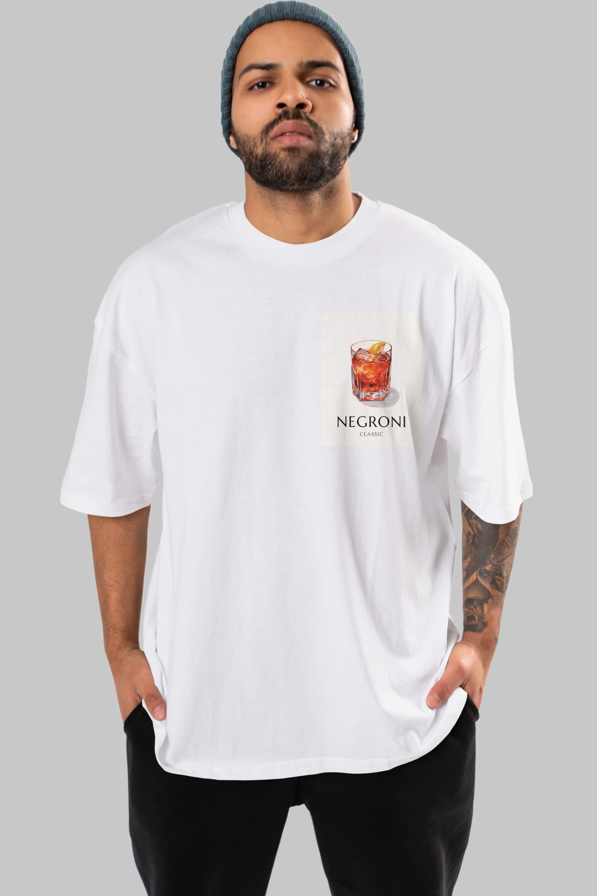 Negroni Classic Ön Sol Baskılı Oversize t-shirt Erkek Kadın Unisex %100 Pamuk Bisiklet Yaka tişort
