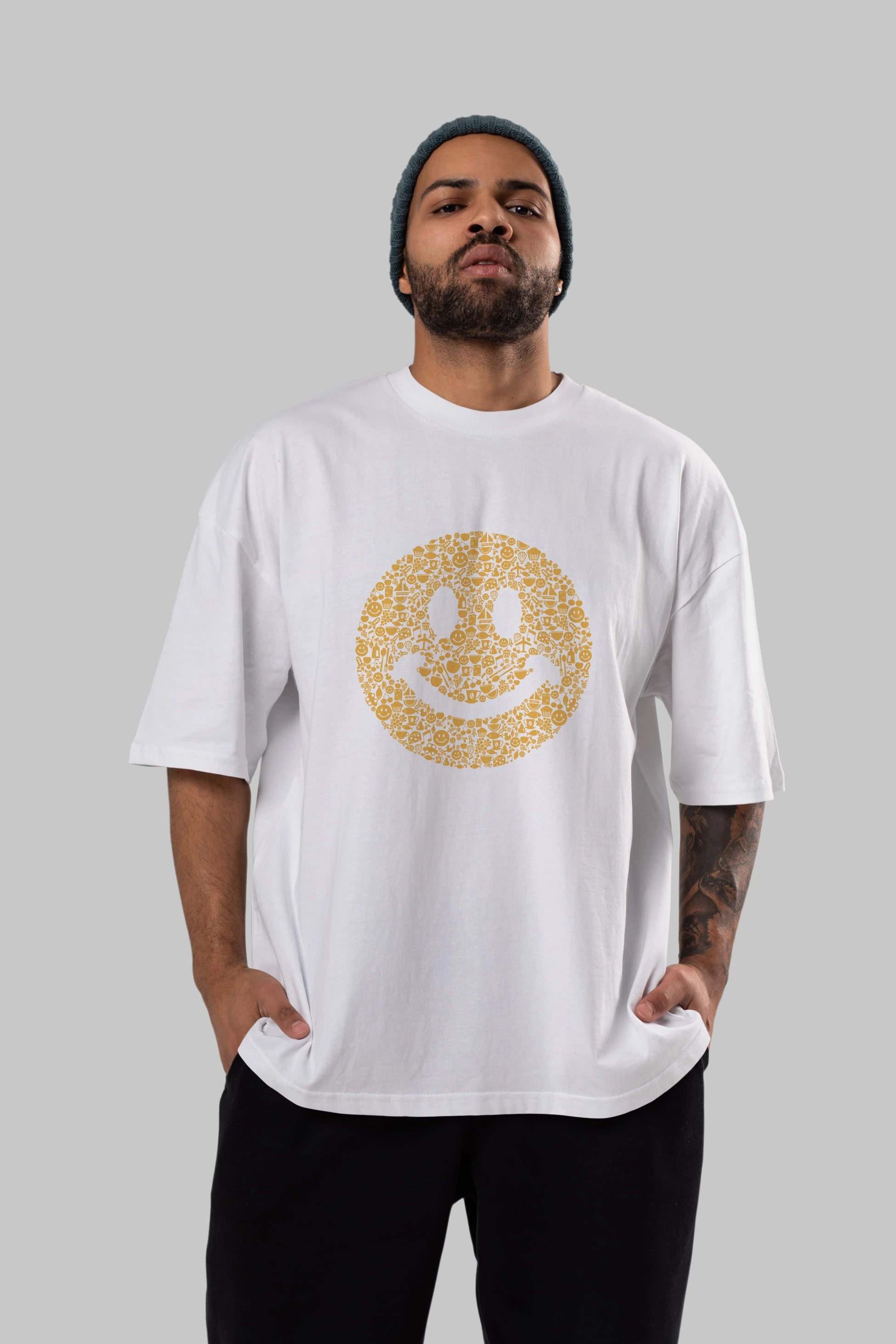 Smiley Ön Baskılı Oversize t-shirt %100 pamuk Erkek Kadın Unisex