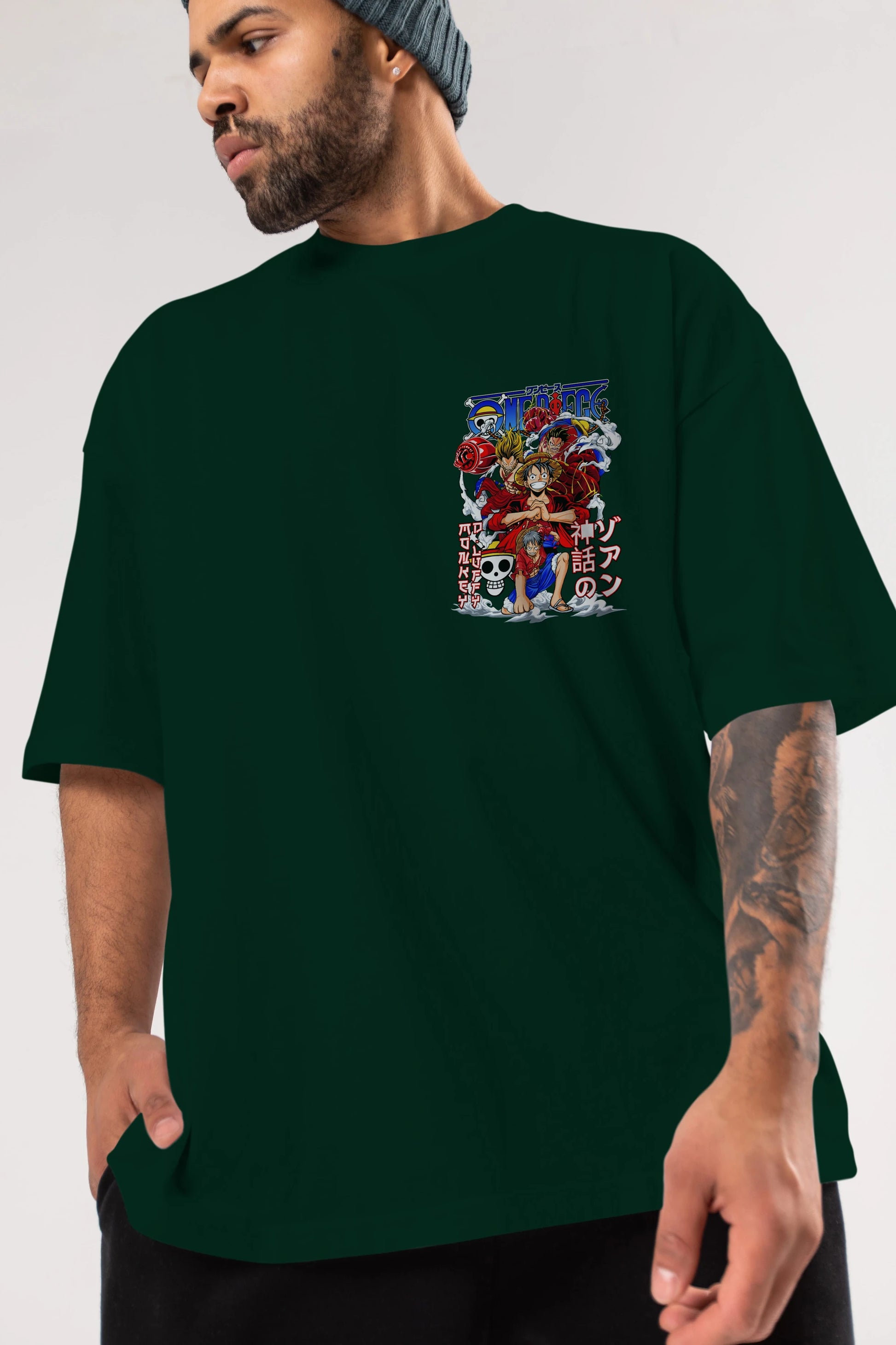 MONKEY D. LUFF-ONE PIECE 2 Ön Sol Baskılı Oversize t-shirt Erkek Kadın Unisex %100 Pamuk Bisiklet Yaka tişort