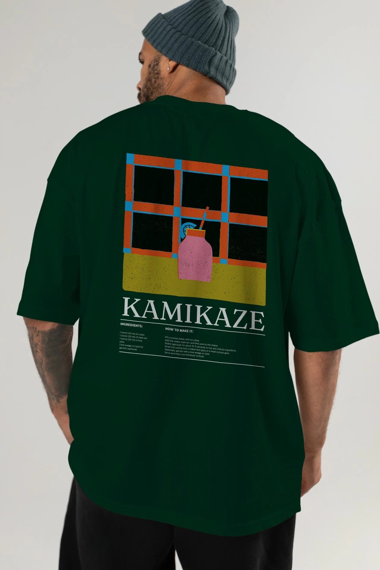 Kamikaze Kokteyl Serisi Arka Baskılı Oversize t-shirt Erkek Kadın %100 Pamuk Bisiklet Yaka tişort