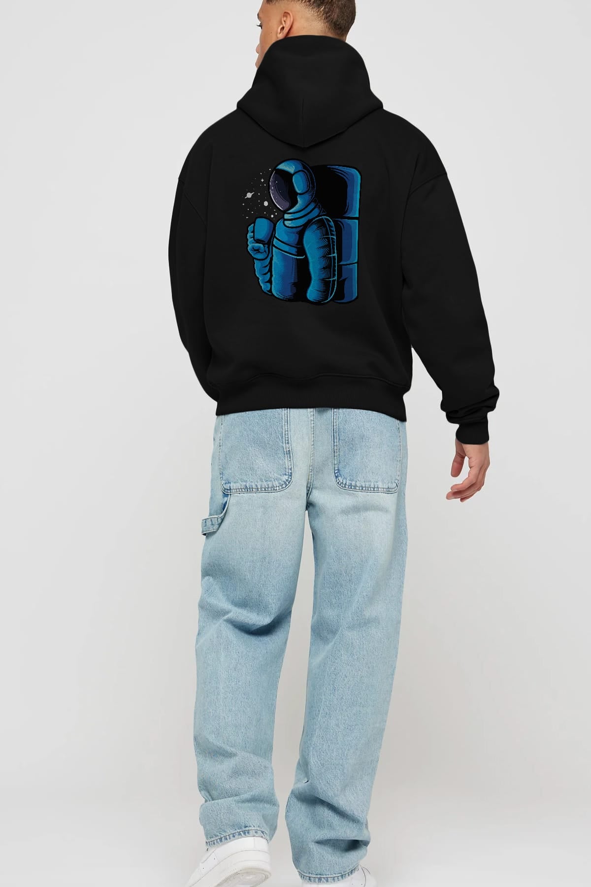 Drinking coffee in space Arka Baskılı Hoodie Oversize Kapüşonlu Sweatshirt Erkek Kadın Unisex
