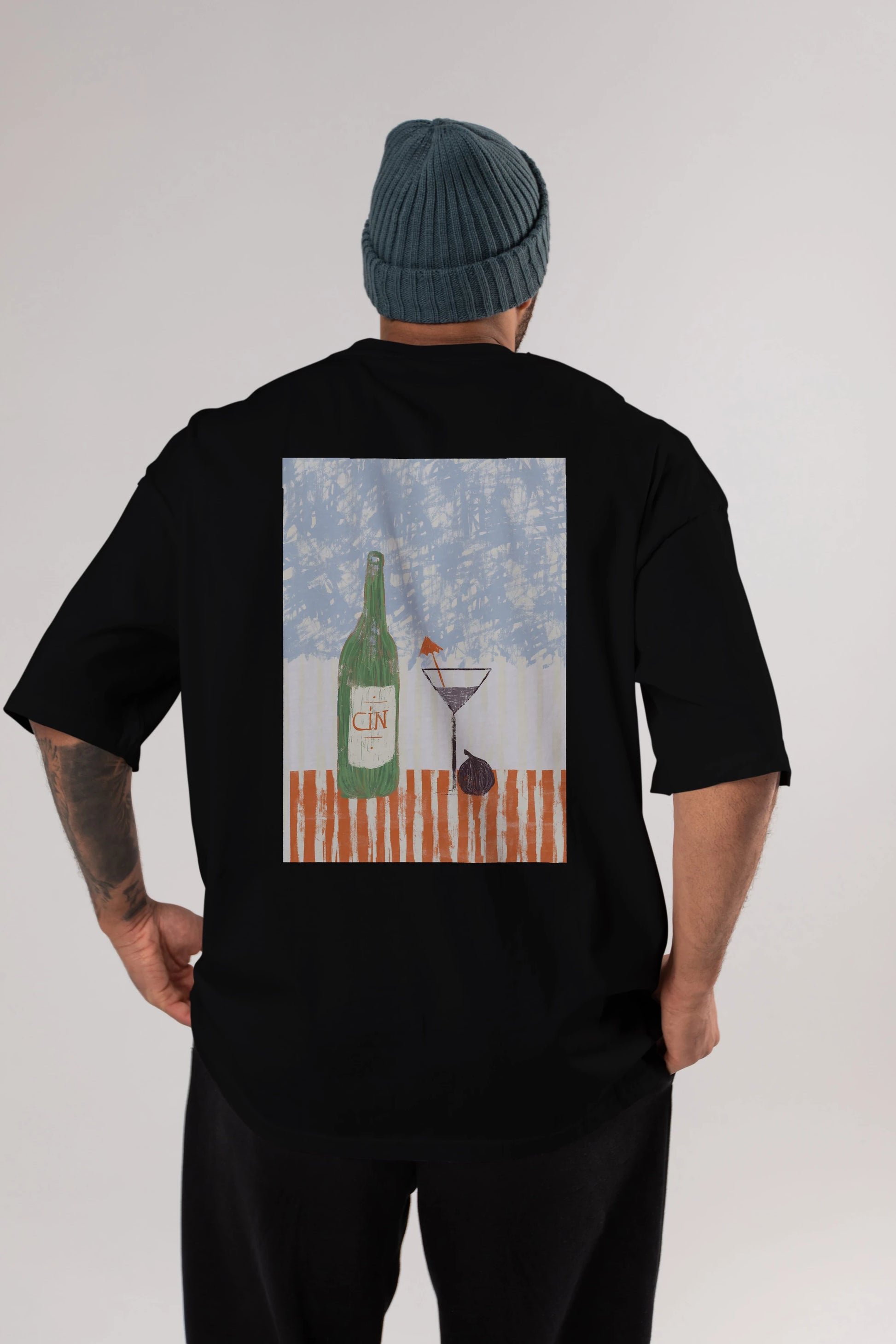 Gin Arka Baskılı Oversize t-shirt Erkek Kadın Unisex %100 Pamuk Bisiklet Yaka tişort